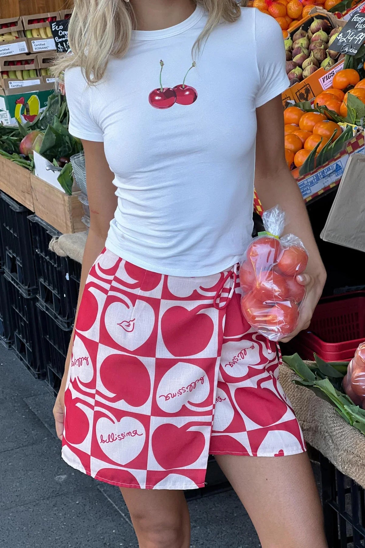 Ithaca Cherry Print Mini Wrap Skirt Red Beige