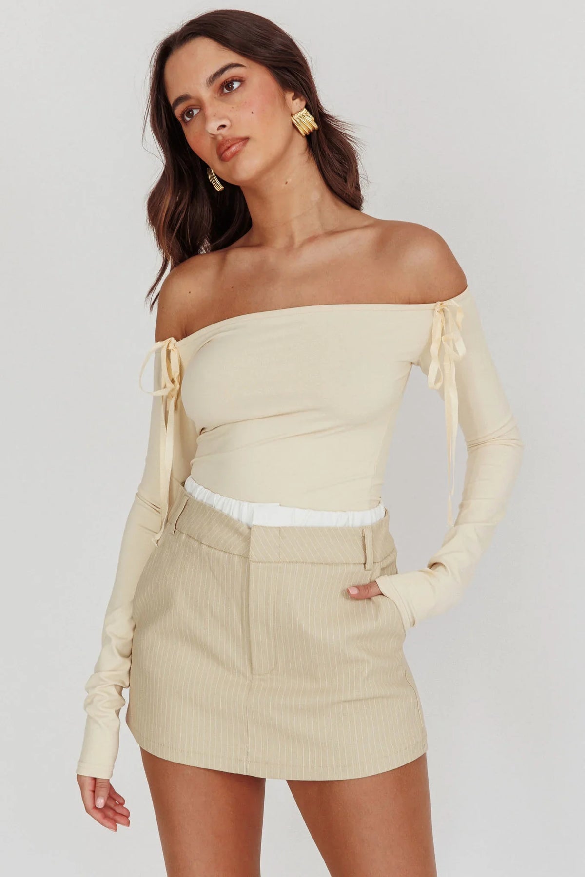 Rhian Pinstripe Double Waistband Skort Beige White