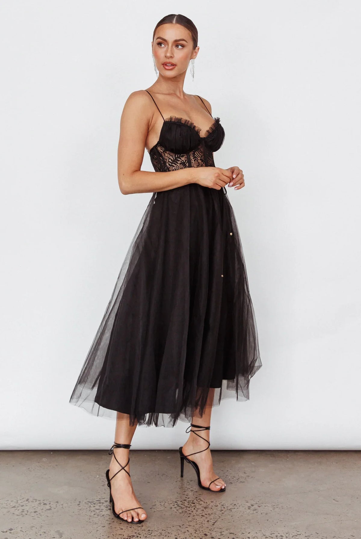 Trophy Lace Bodice Mesh Midi Dress Black