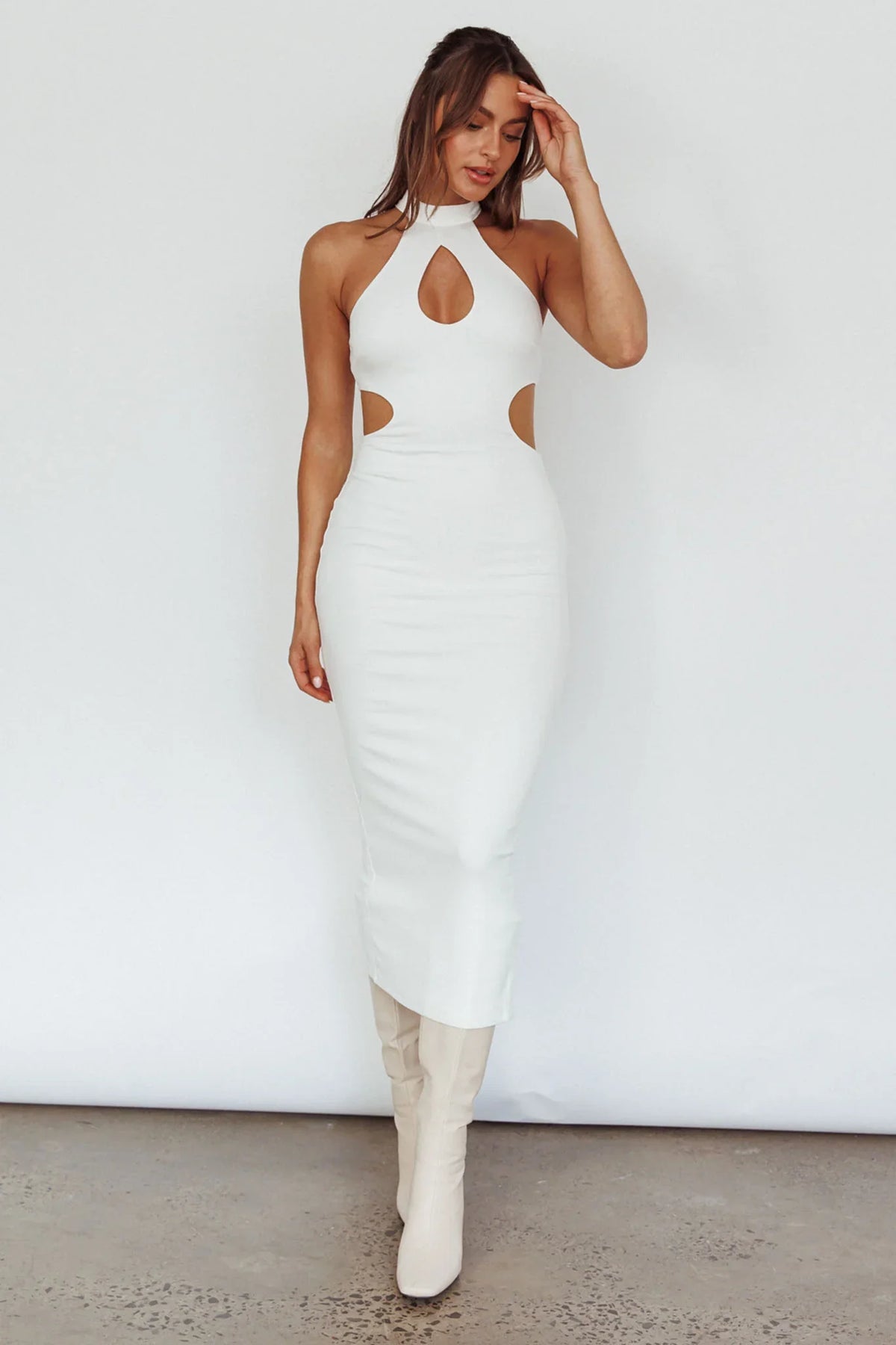 Estella Keyhole Ribbed Midi Dress White
