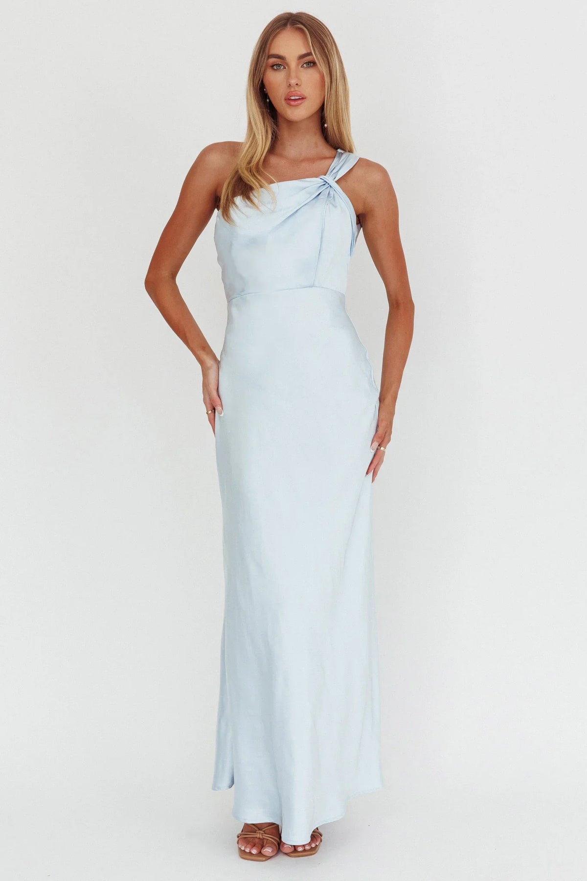 Fly Love Satin One Shoulder Maxi Dress Sky Blue