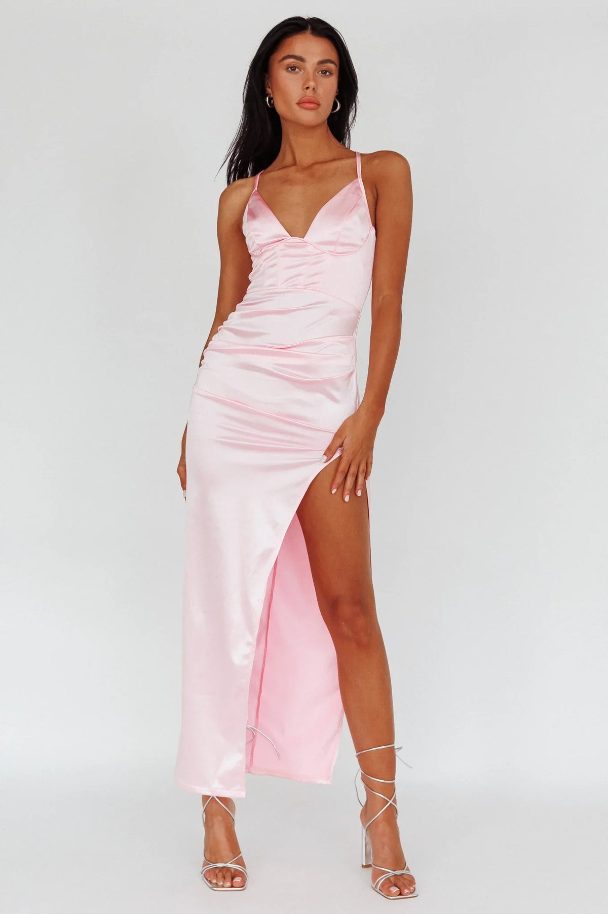 Cierra Thigh Split Maxi Dress Baby Pink