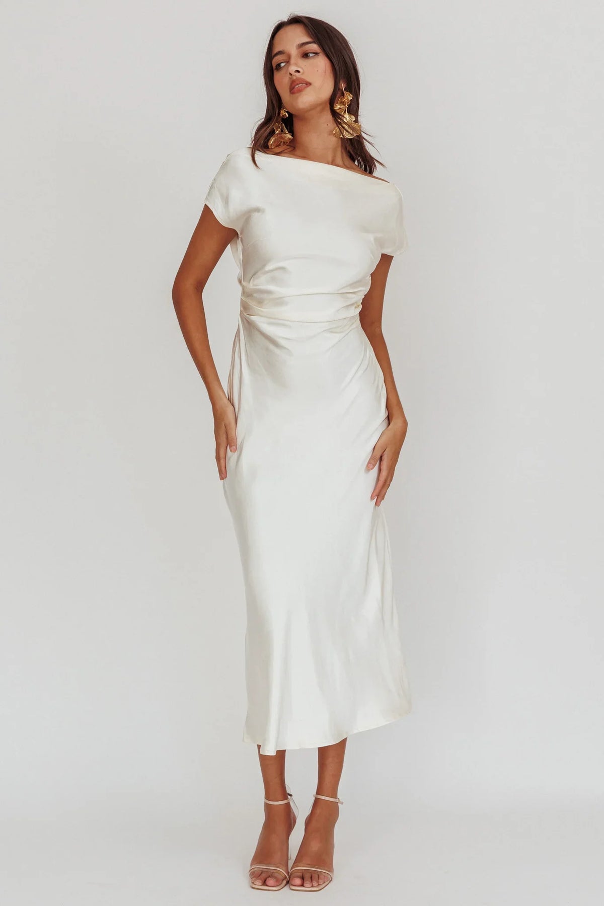Loveland Cap Sleeve Cowl Back Midi Dress Oyster