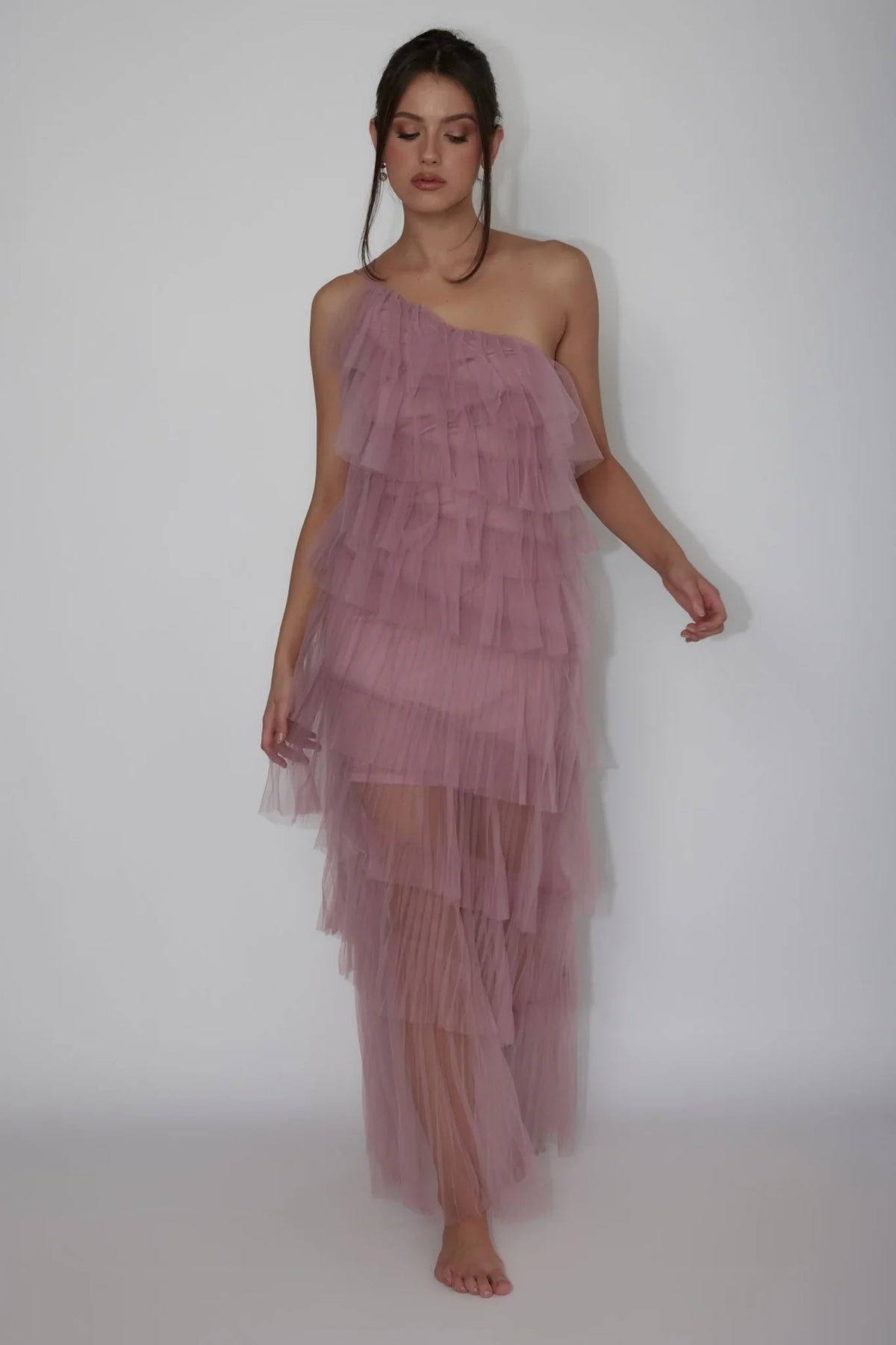 Arrabel Tiered Ruffle Tulle Maxi Dress Plum