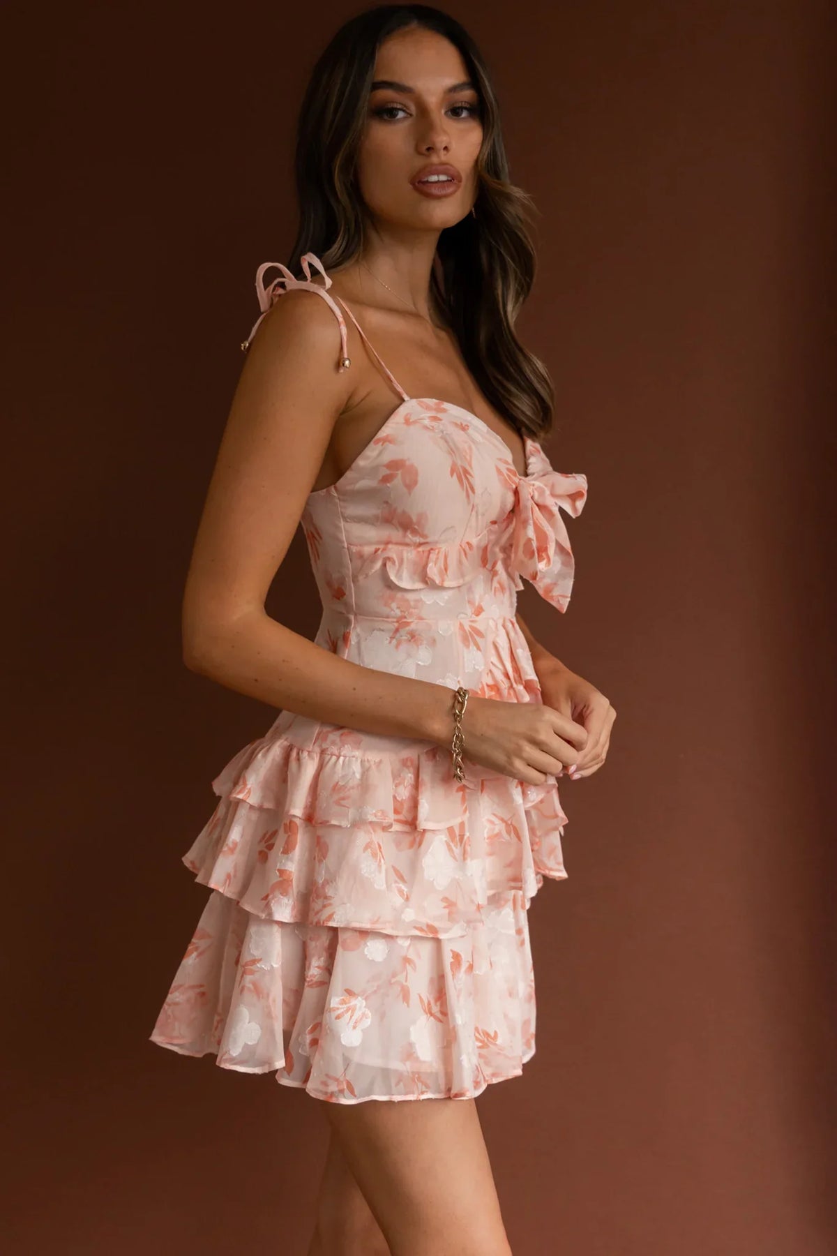 Flower Child Bust Tie Ruffle Trim Dress Floral Peach