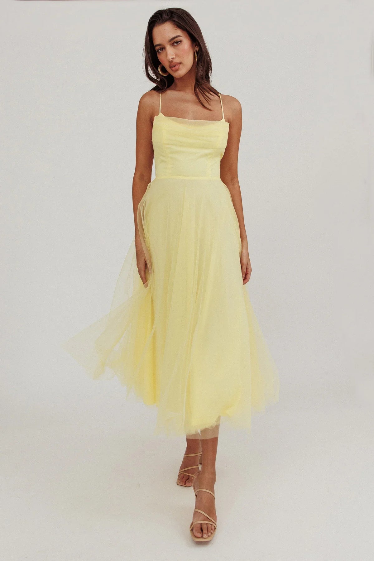 Floating By Pleated Neckline Mesh Midi Dress Yellow