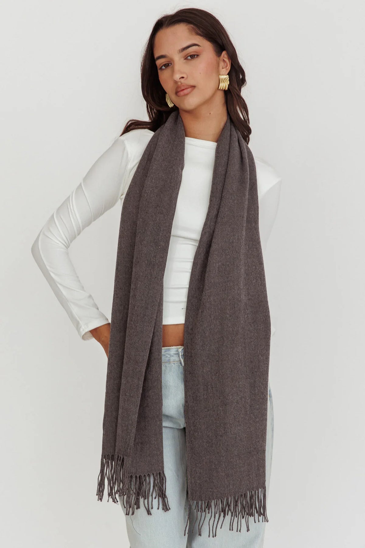 Diona Cashmere and Wool Fringed Scarf Grey