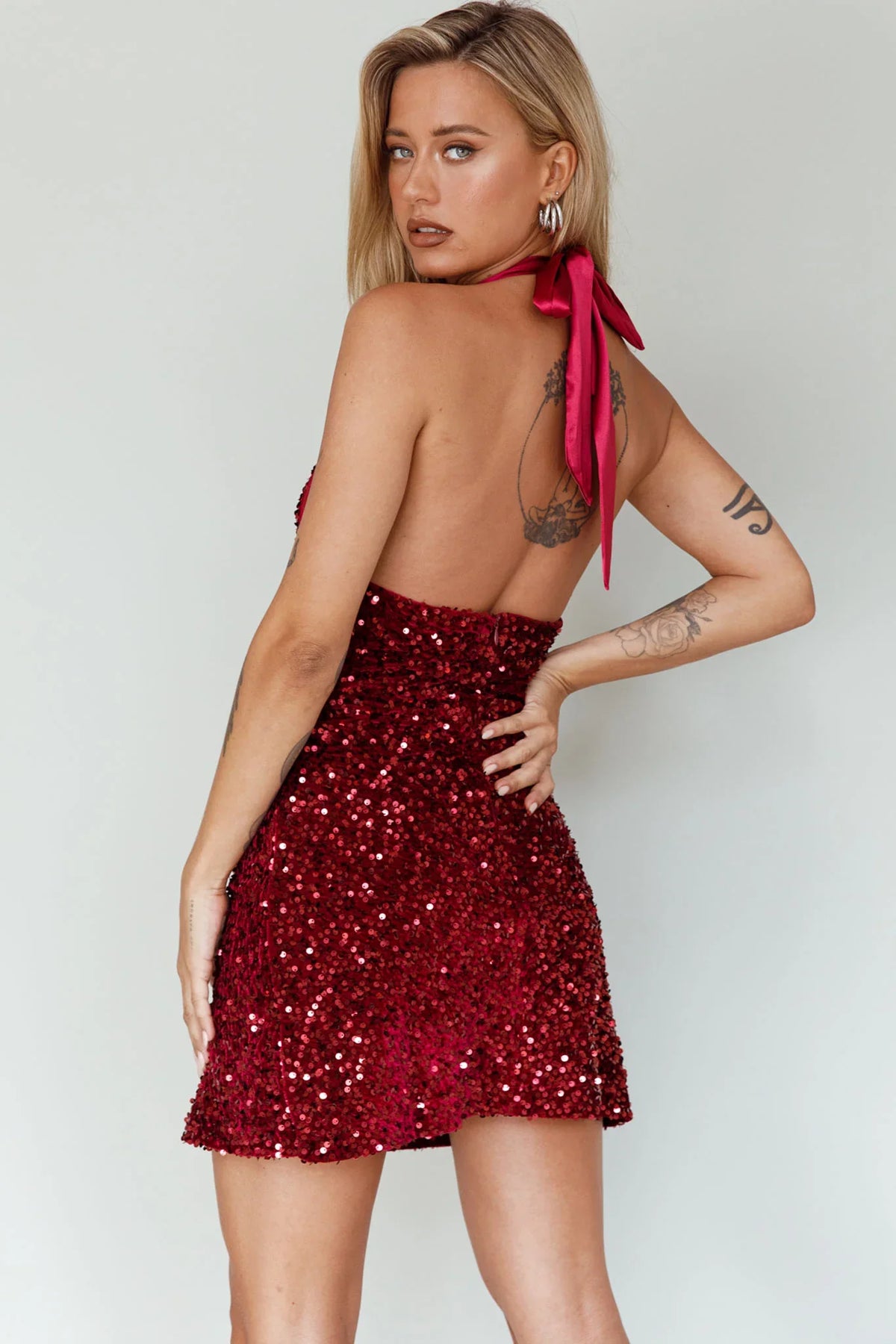 Star Lights Halterneck Mini Dress Sequin Merlot