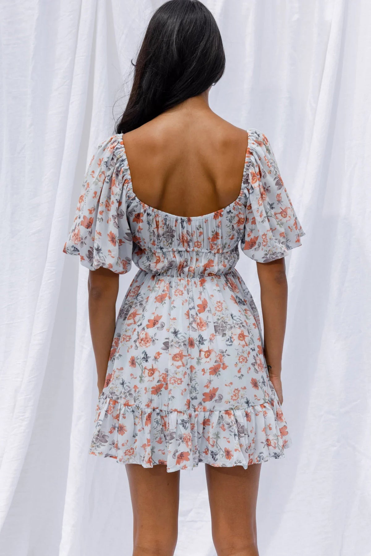Vista Del Mar Tied Bust Mini Dress Floral Steel Blue