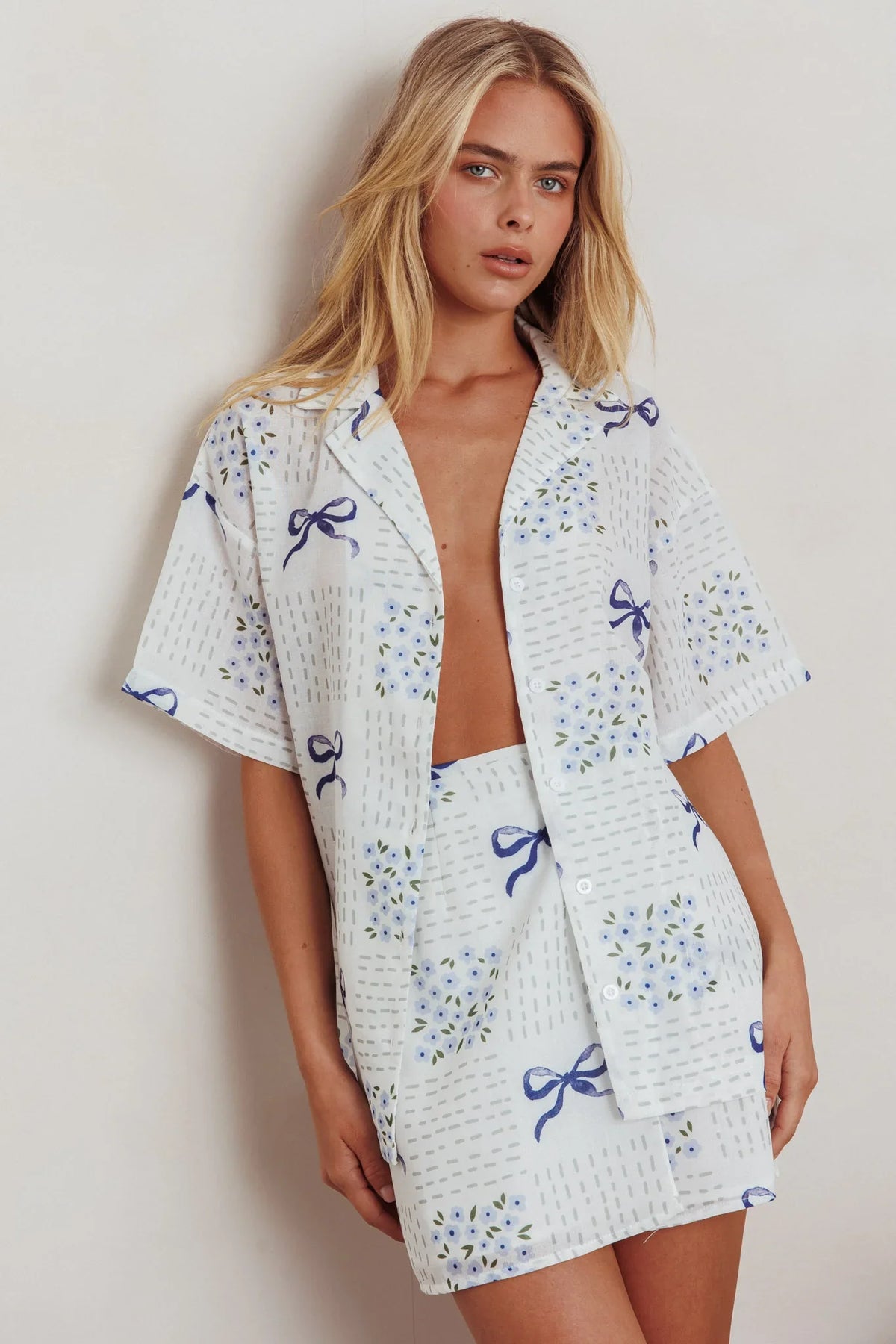 Ithaca Wrap Mini Skirt Bow Print Blue