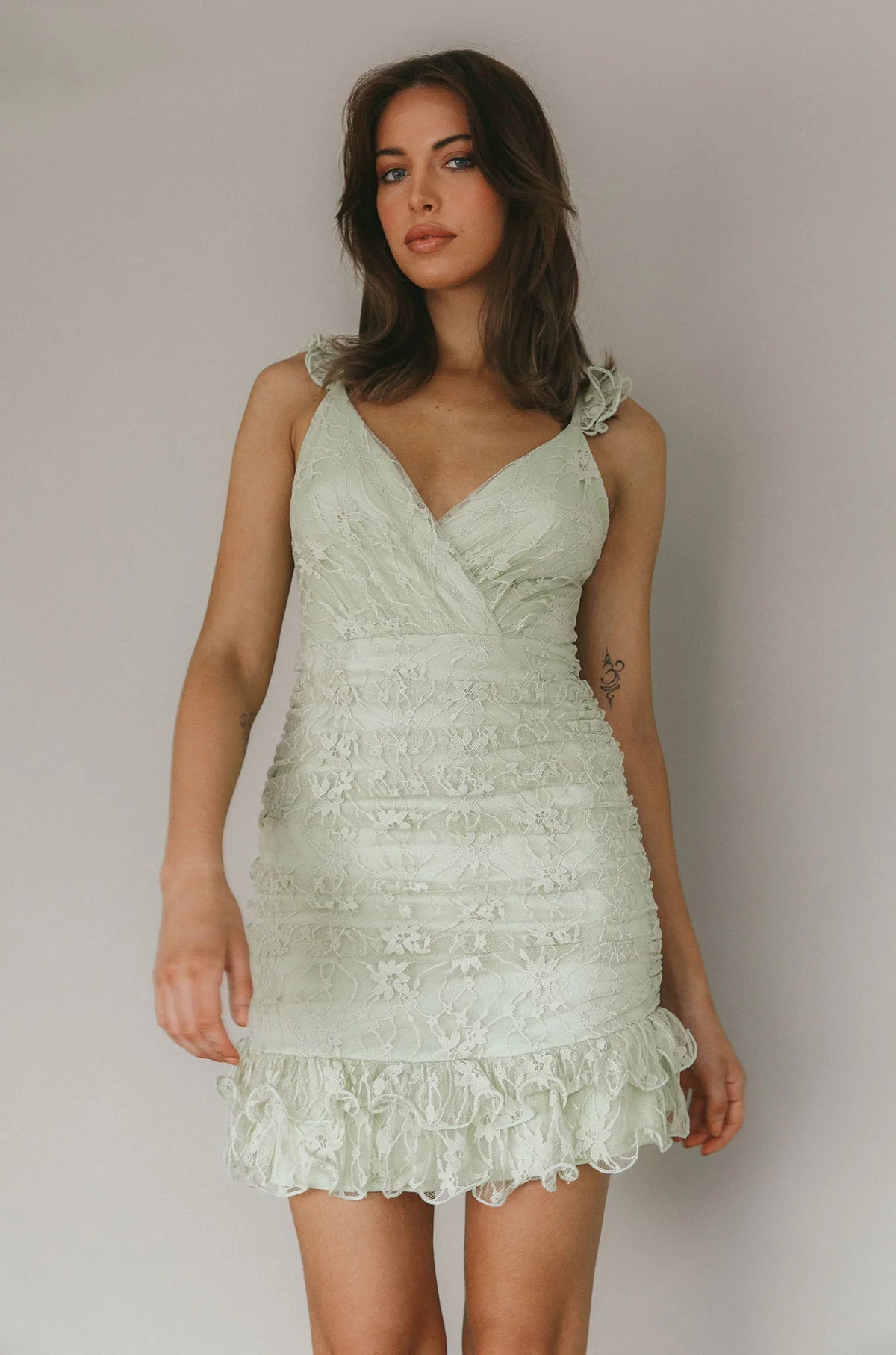 Kaley Ruched Side Layered Frill Hem Lace Mini Dress Sage