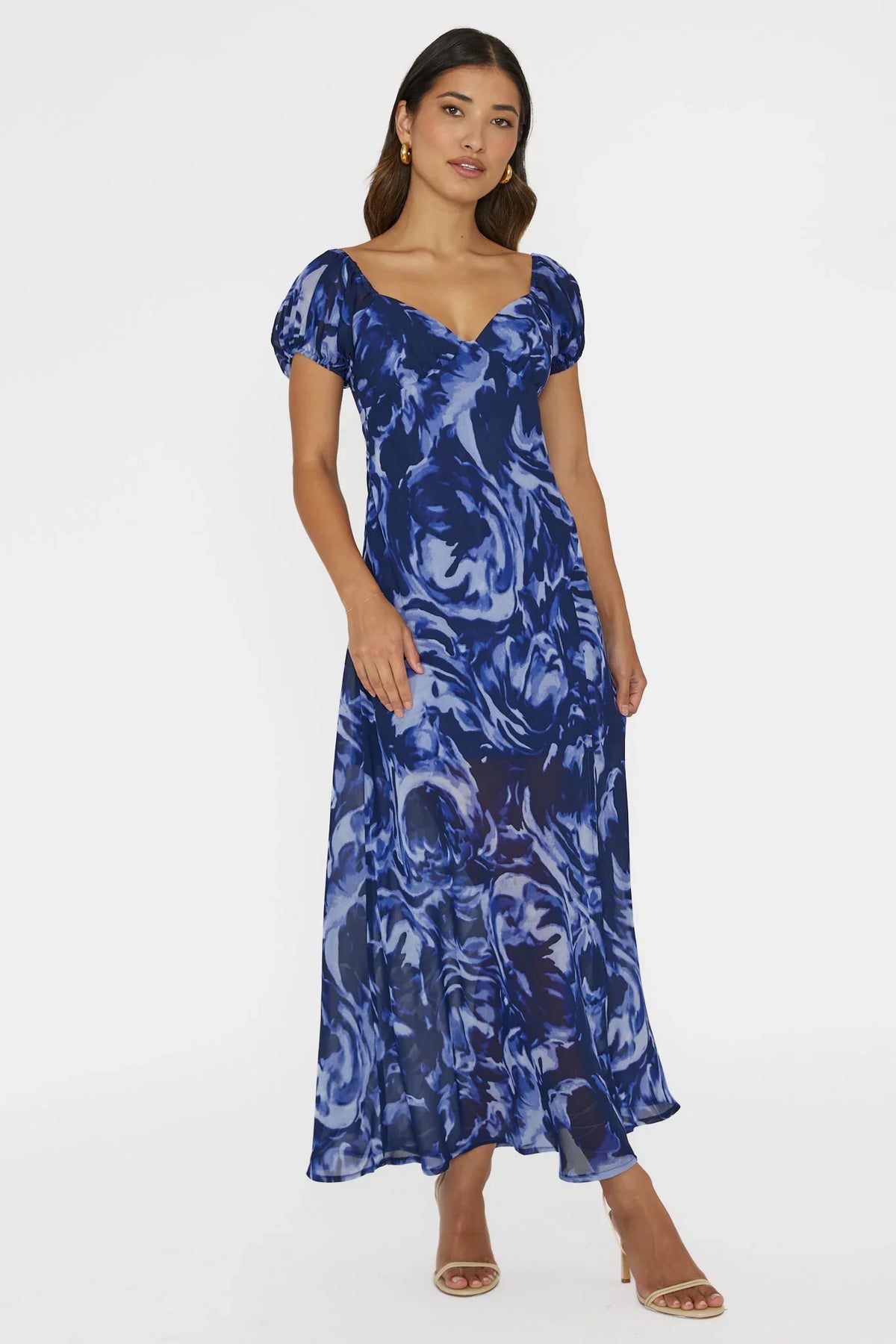 Park Avenue Puff Sleeve Midi Dress Print Blue