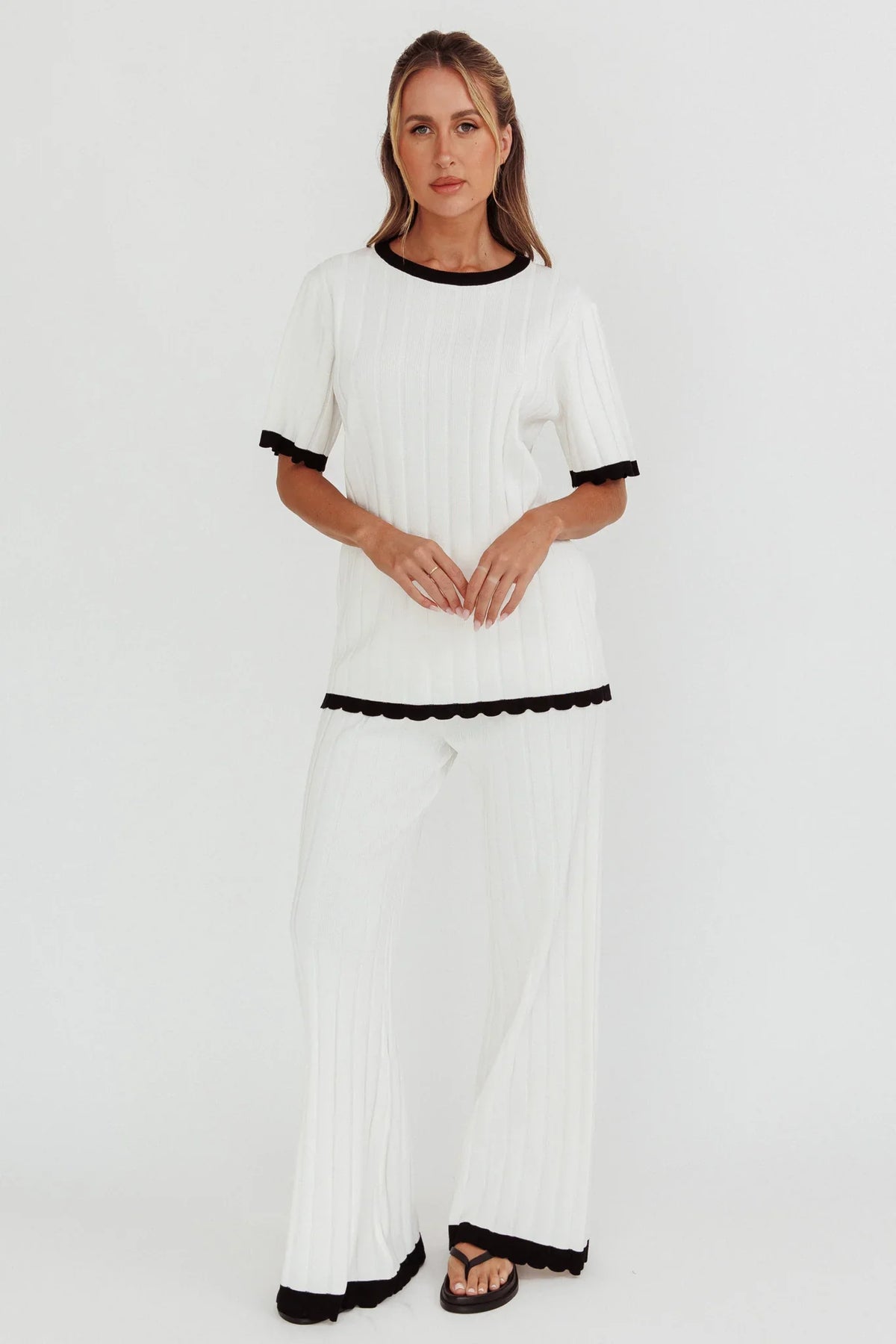 Liloh Contrast Trim Ribbed Knit Pants White