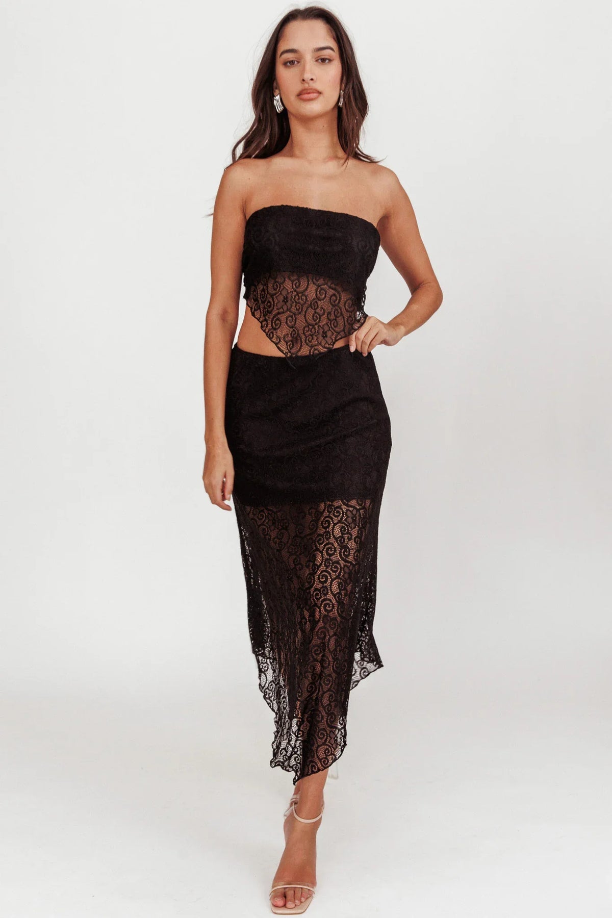Sweet Words V-Hem Lace Midi Skirt Black