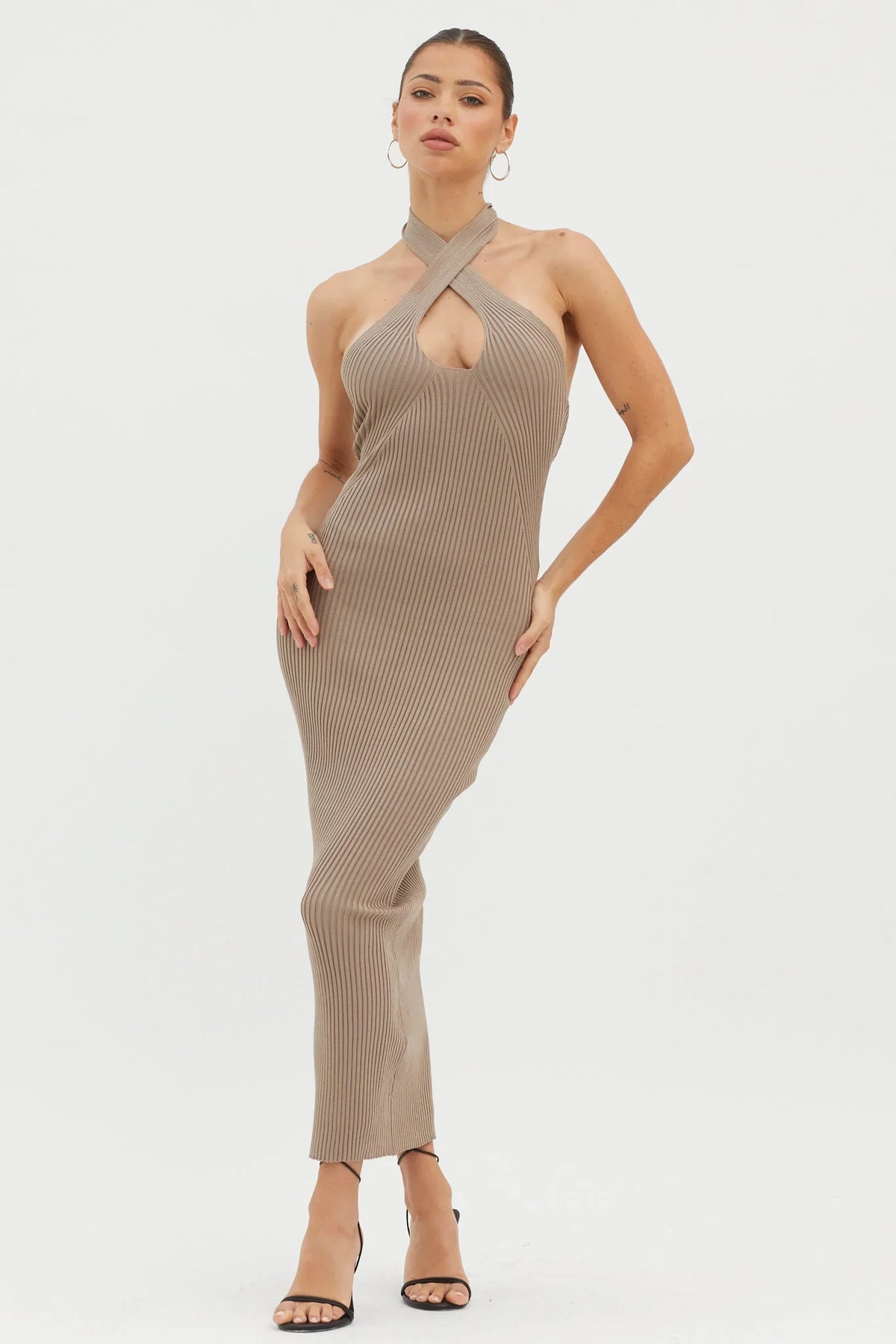 Lovelock Halterneck Ribbed Knit Midi Dress Latte