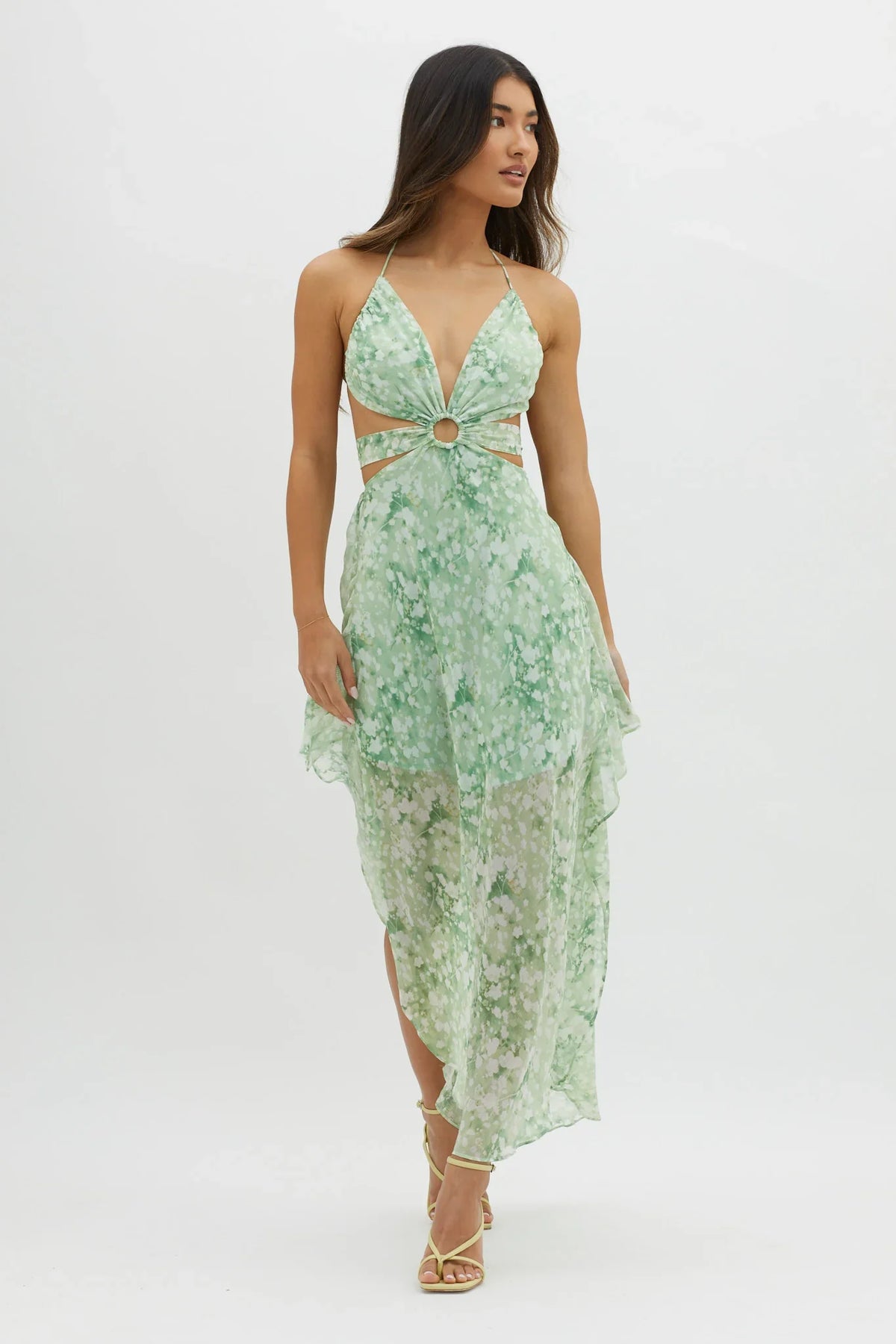 Samia Cut-Out Halterneck Midi Dress Print Green