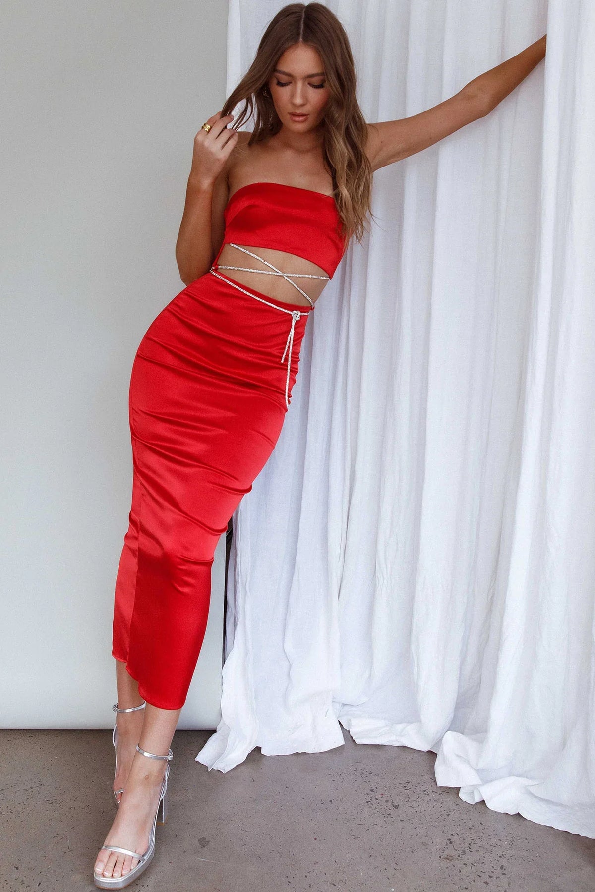 Nohemi Strapless Diamante Maxi Dress Red