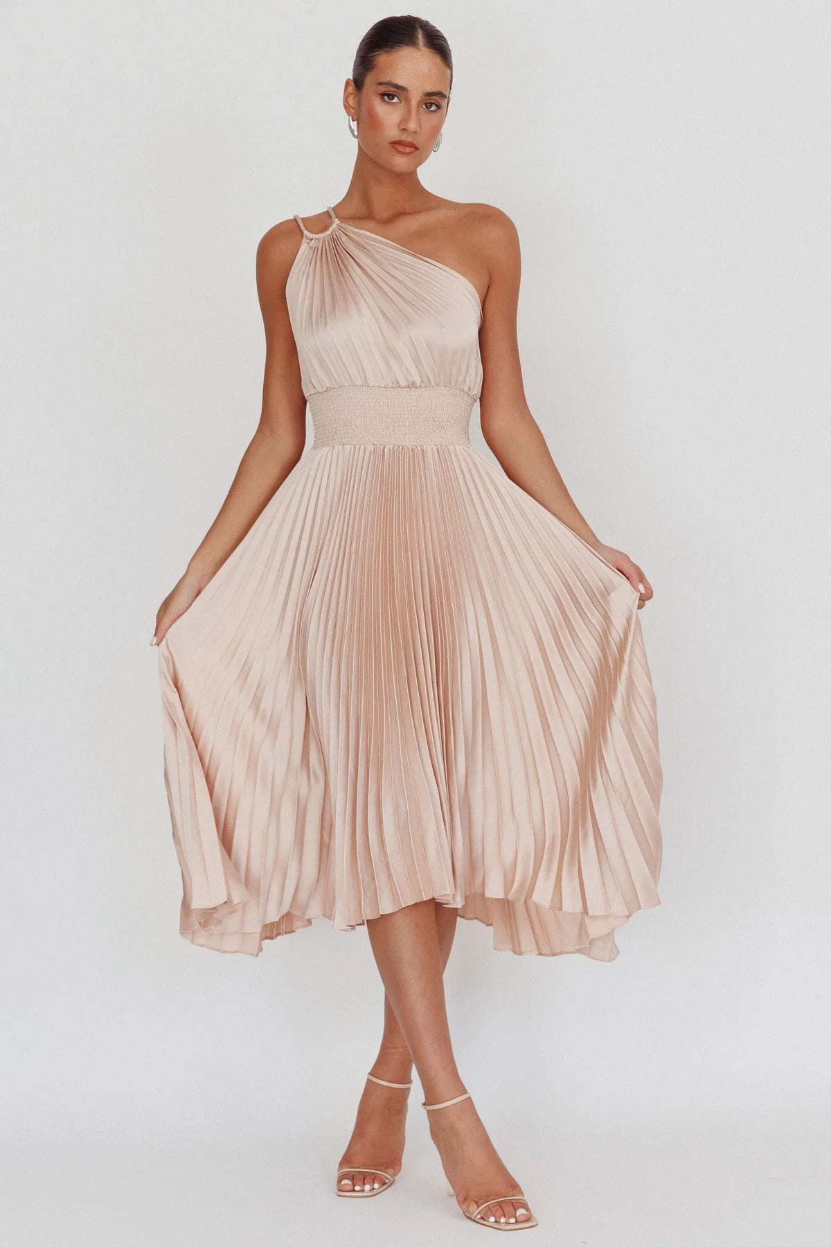 Calissa One Shoulder Pleated Midi Dress Champagne
