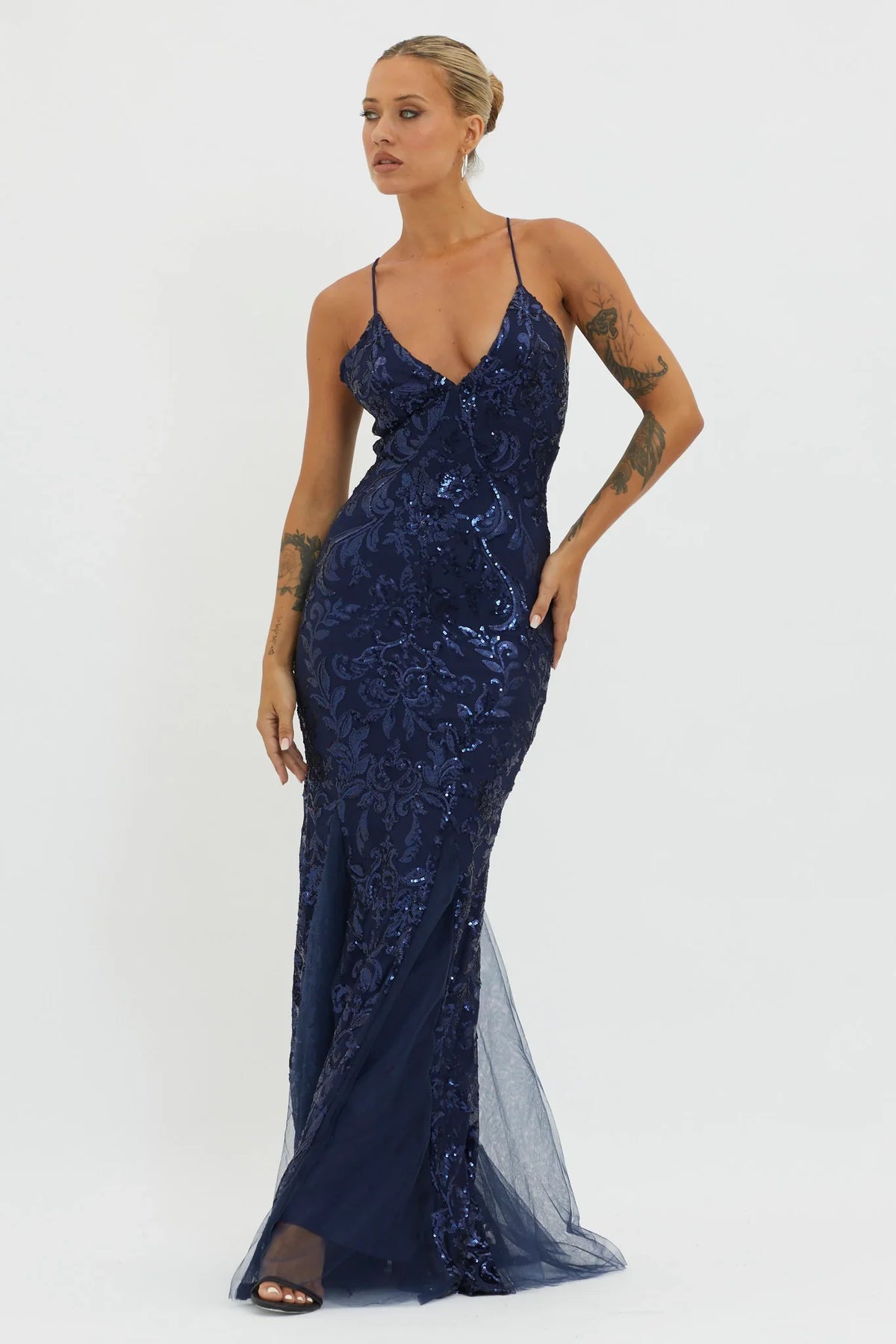 Serenade Song Godet Hem Sequin Maxi Dress Navy