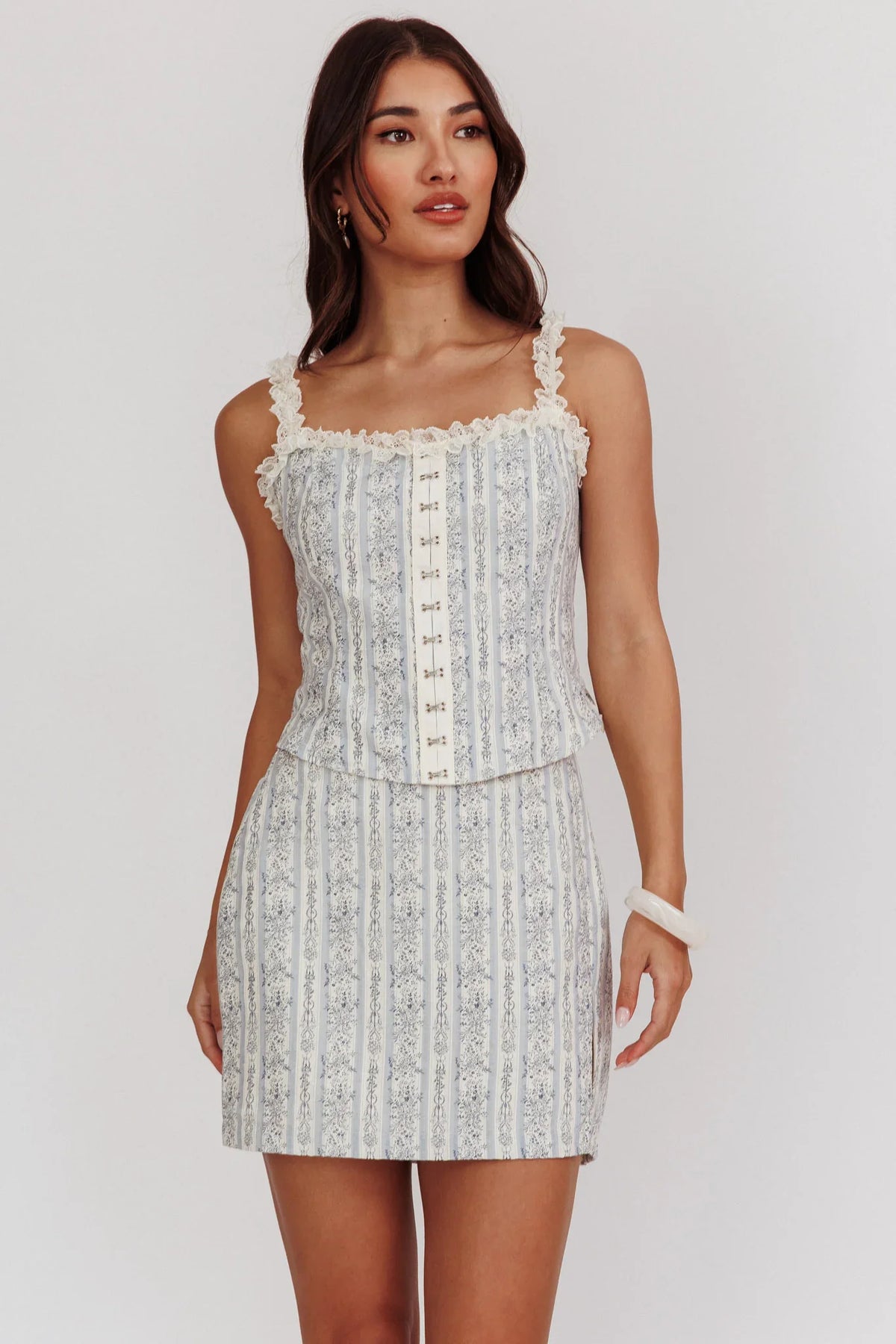 Palmas Hook & Eye Lace Trim Top Floral Blue