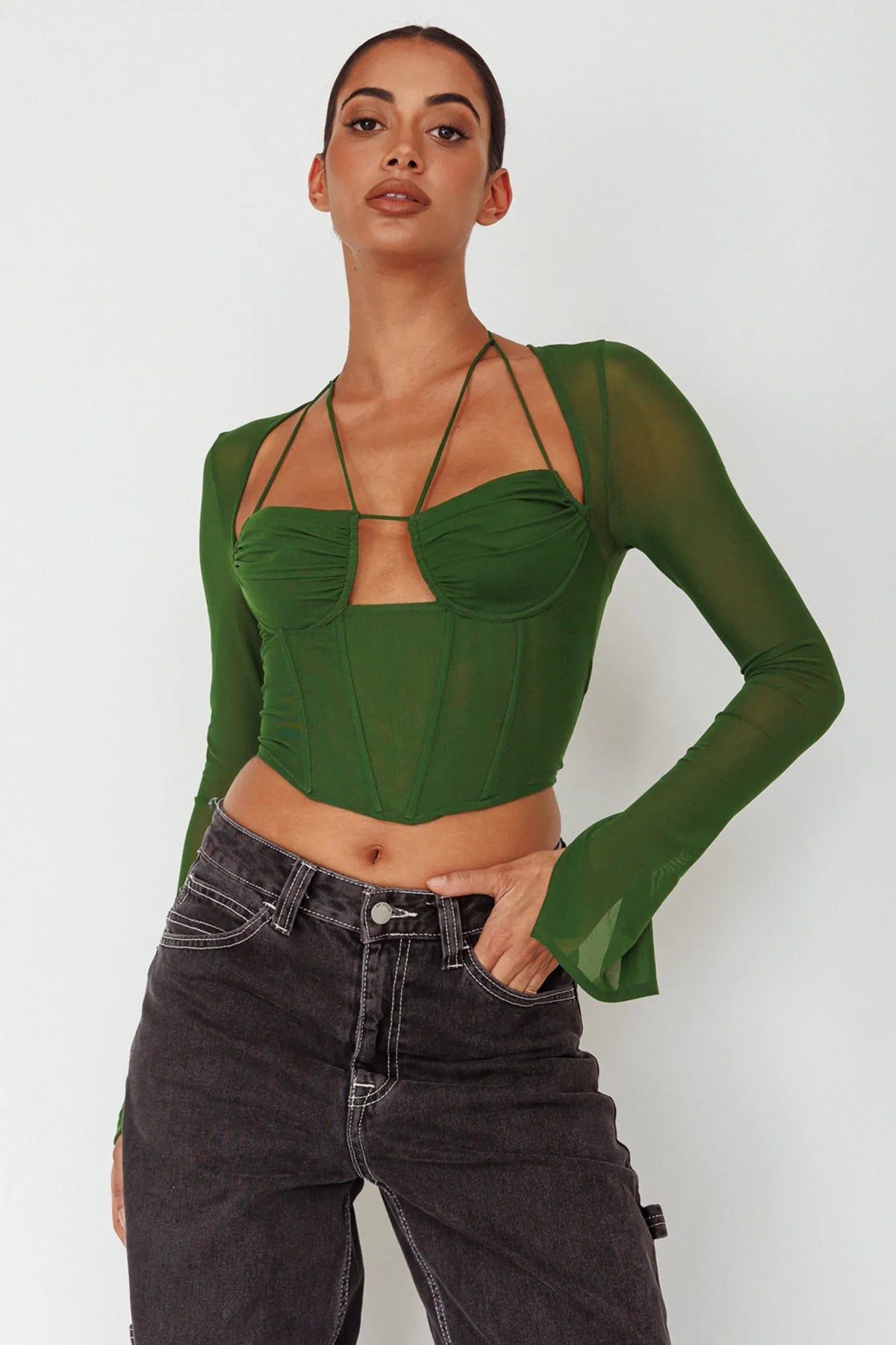Sera Long Sleeve String Tie Top Forest