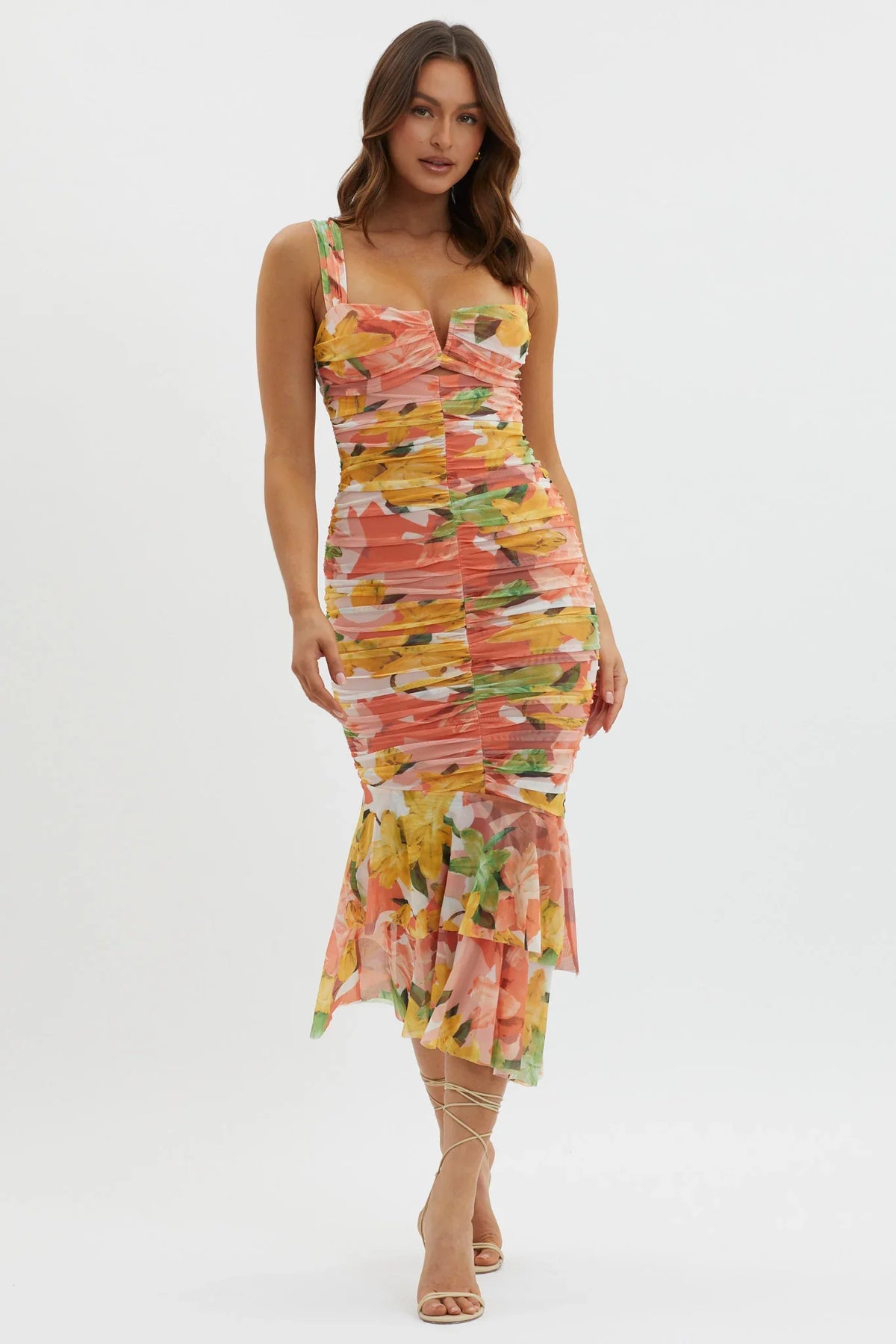 Nadia Ruched Fishtail Midi Dress Floral Orange