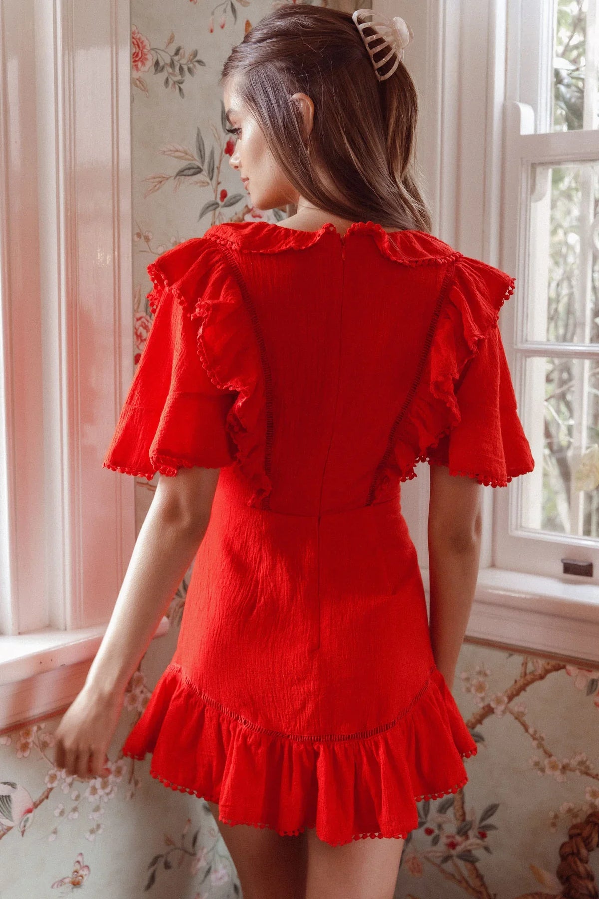 Shay Ruffle Lace Trim Mini Dress Red