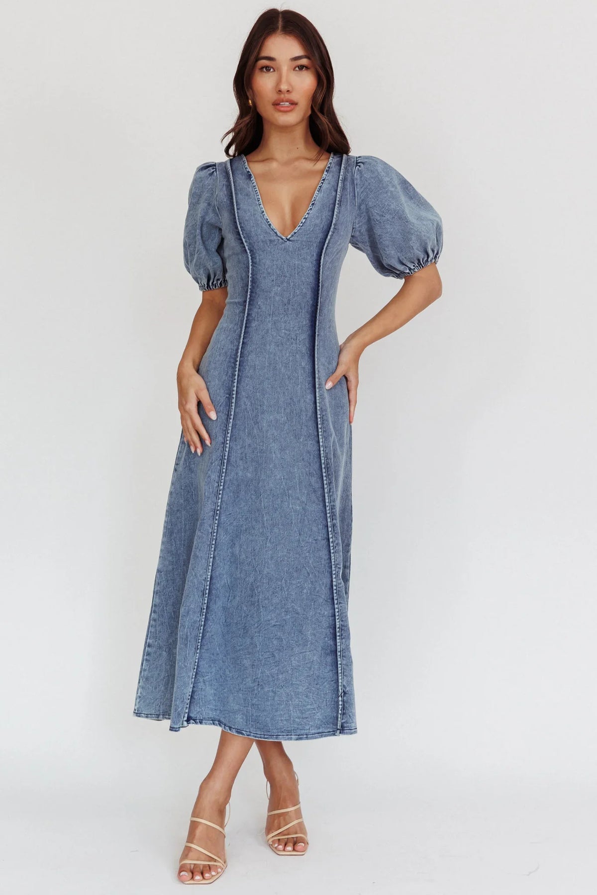 Morgane Puff Sleeve V-Neck Midi Dress Light Denim Blue