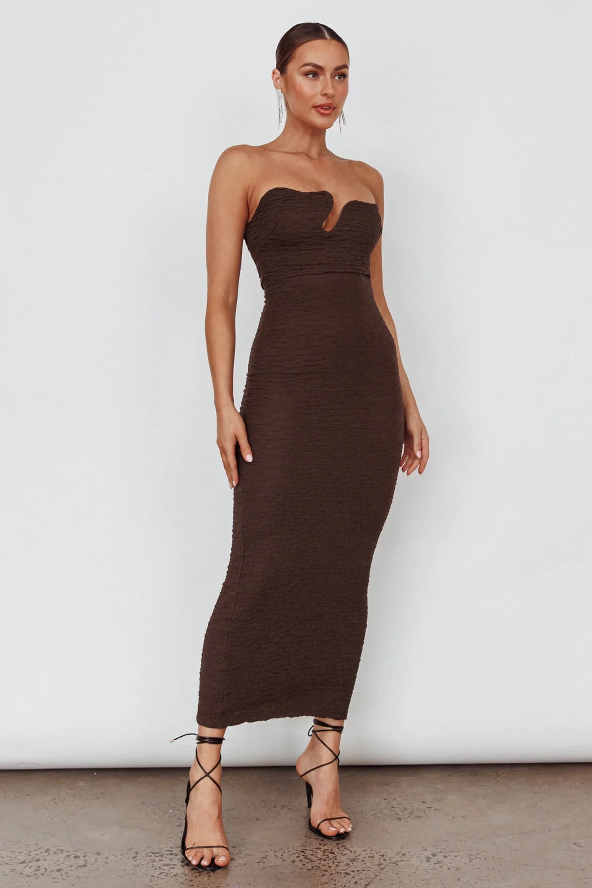 Horizon Strapless Textured Midi Dress Chocolate