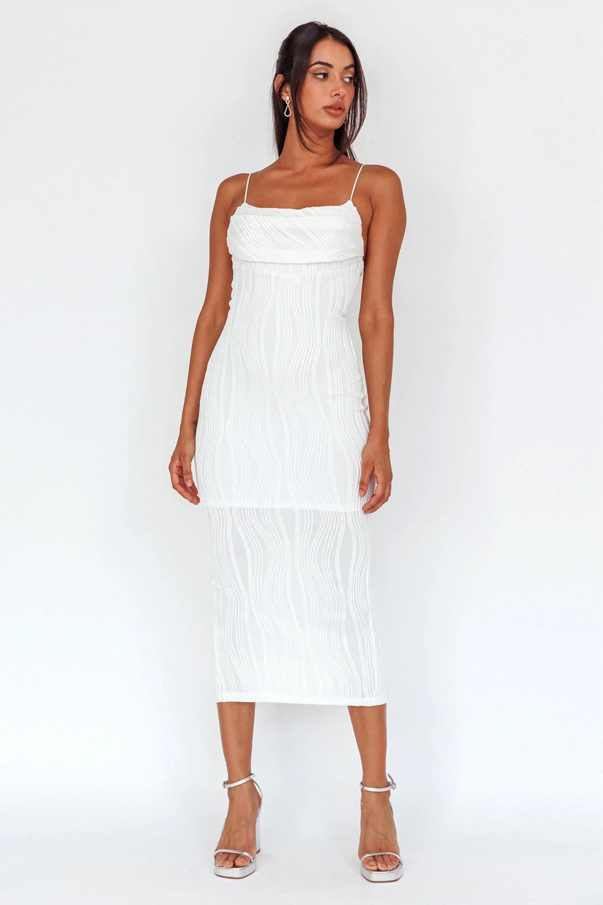 Well Versed Pleated Bust Textured Maxi Dress Off White