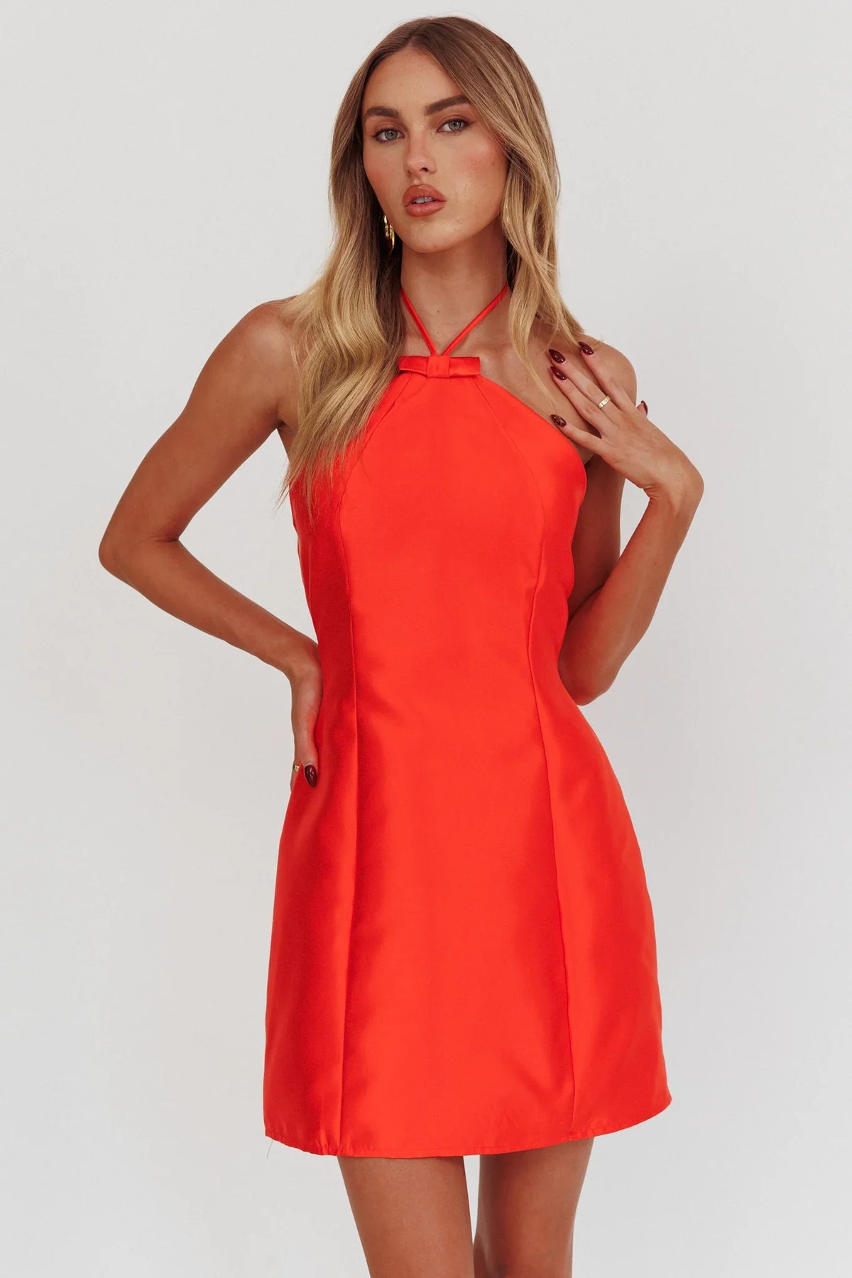 Falon Halter Bow Neck Mini Dress Red