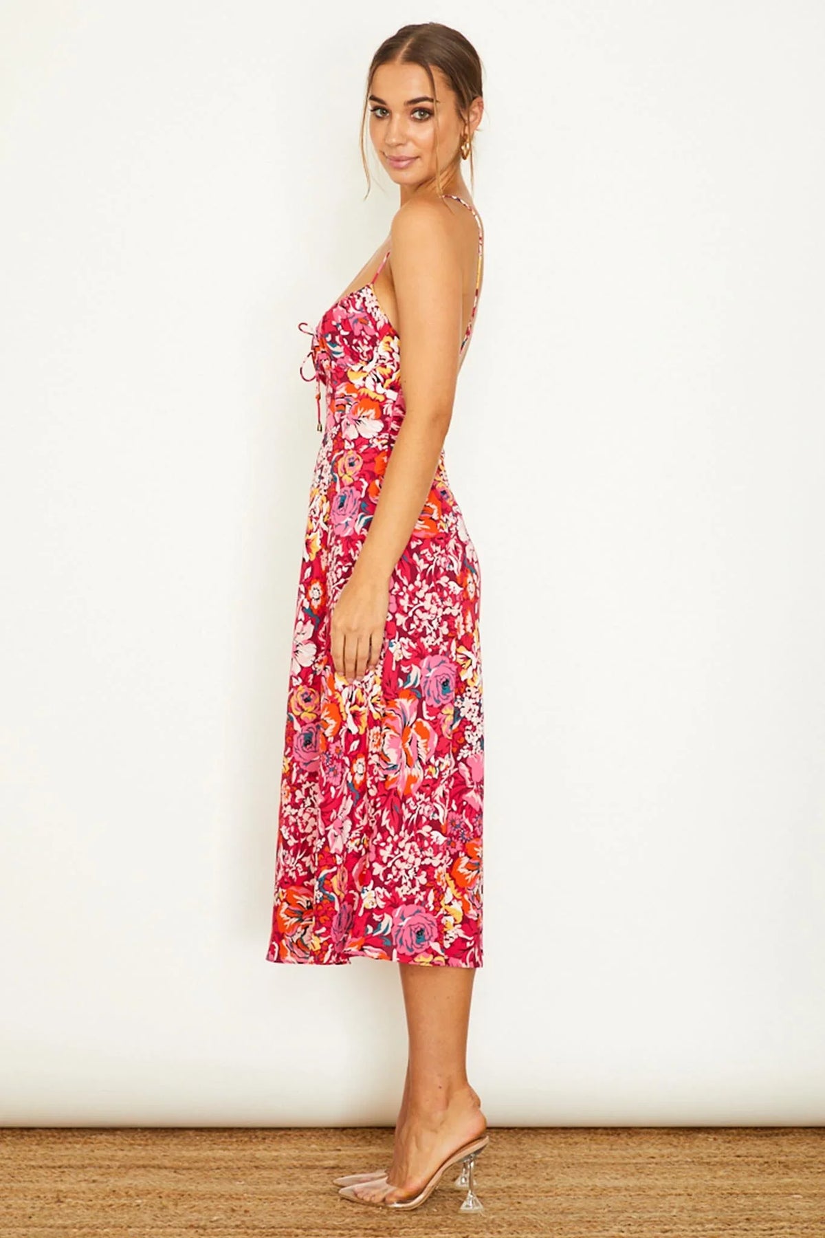 Malibu Gathered Bust Cami Strap Midi Dress Floral Red