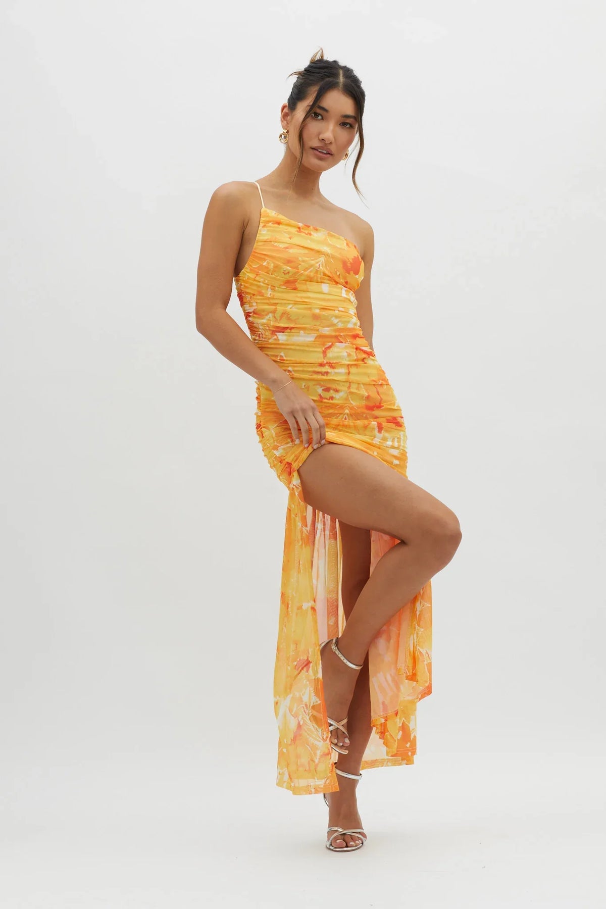 Golden Sun One-Shoulder Ruched Maxi Dress Yellow