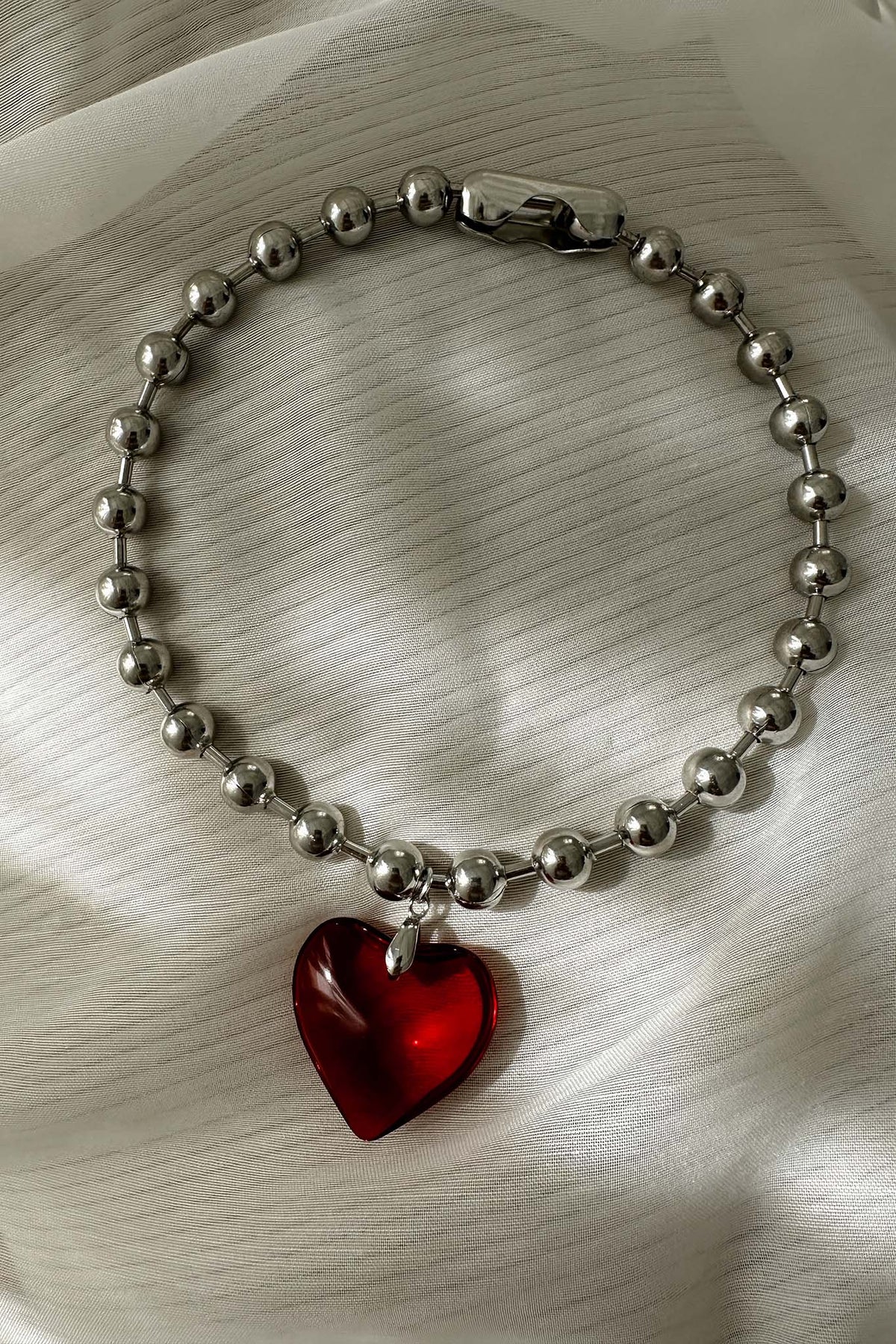 Lee Silver Bead Large Heart Necklace Red