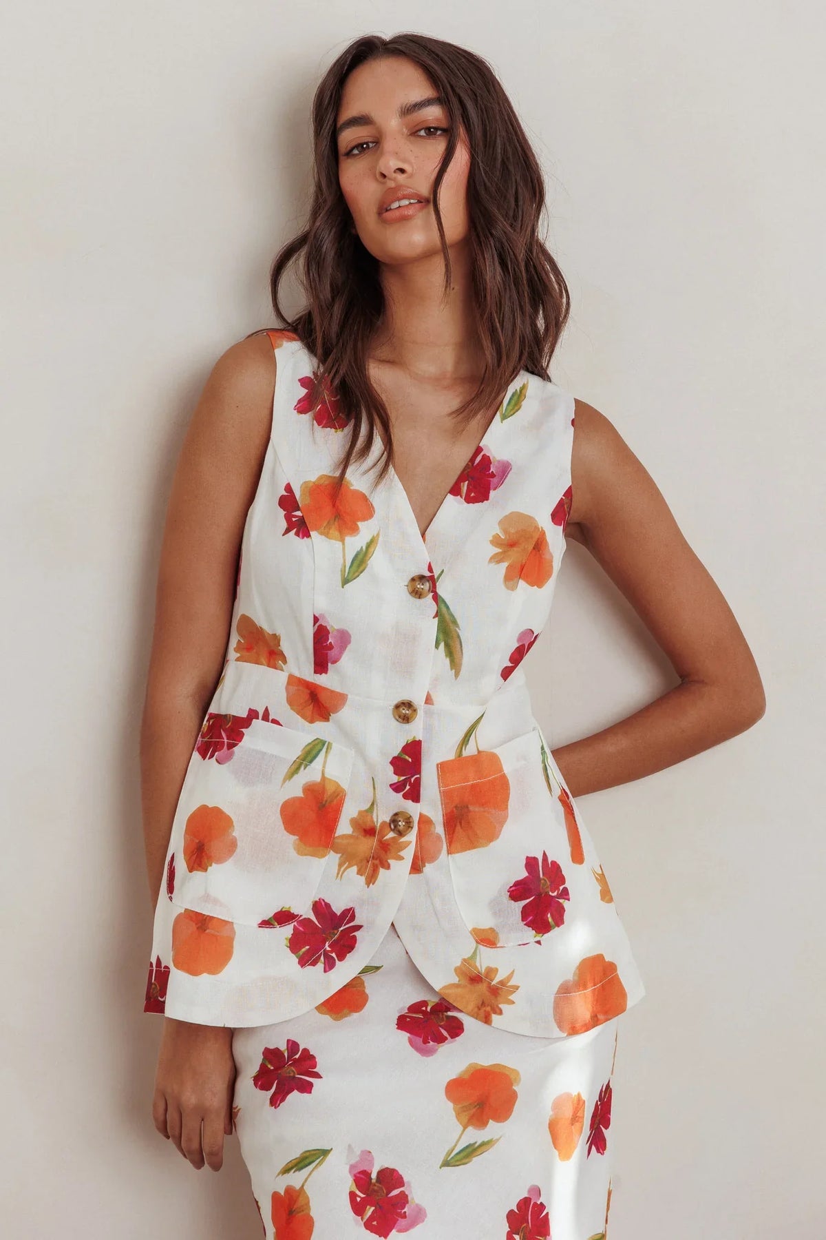 Philomena Button Front Pocket Vest Top Floral Orange Multi