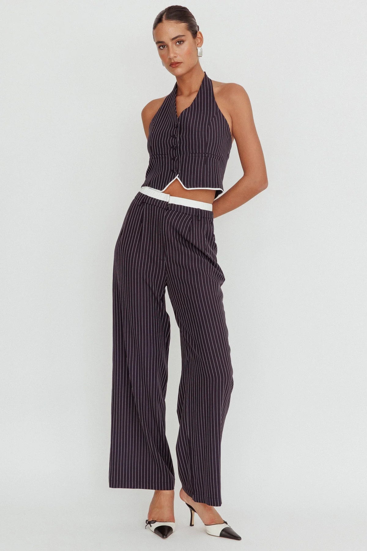 Lilija Pinstripe Double Waistband Wide-Leg Pants Navy