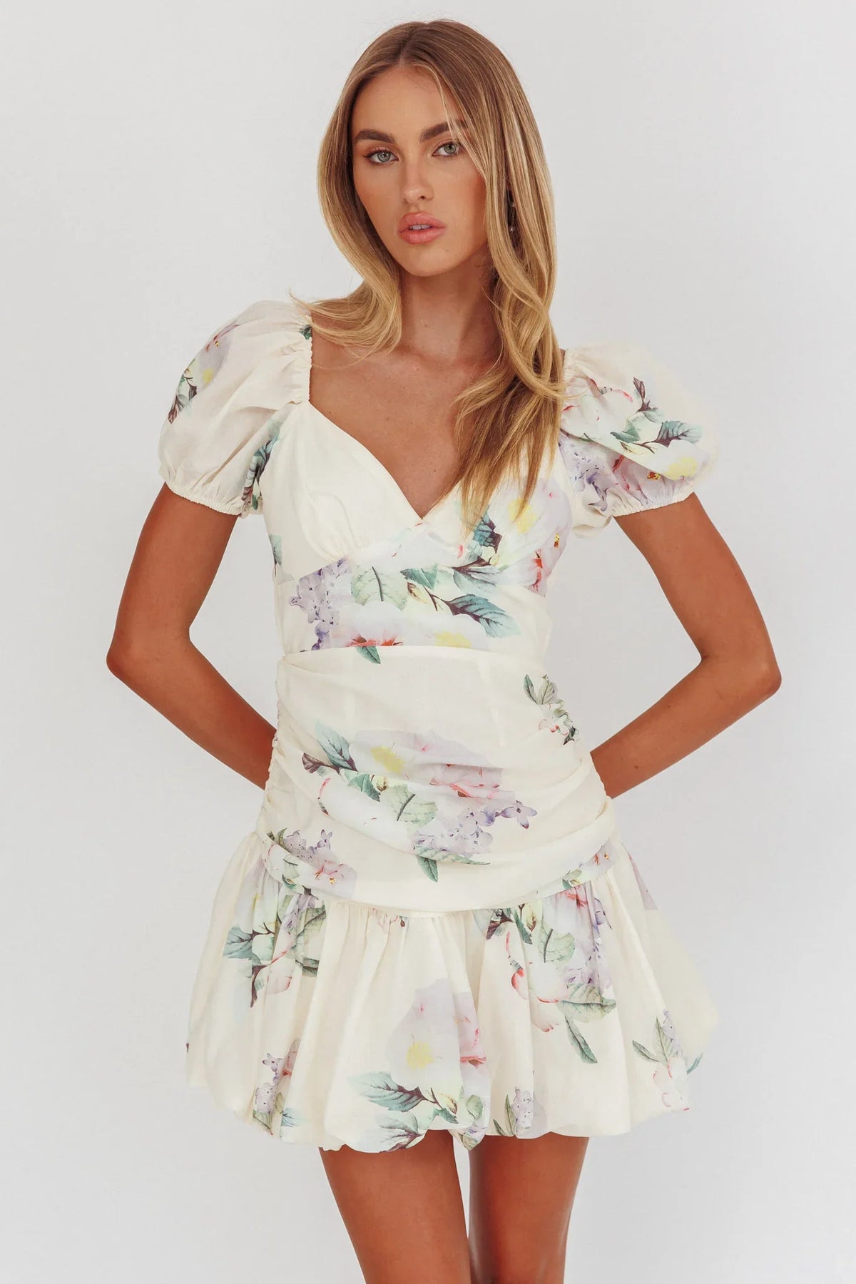 Annabella Puff Sleeve Tied Back Mini Dress Floral Butter