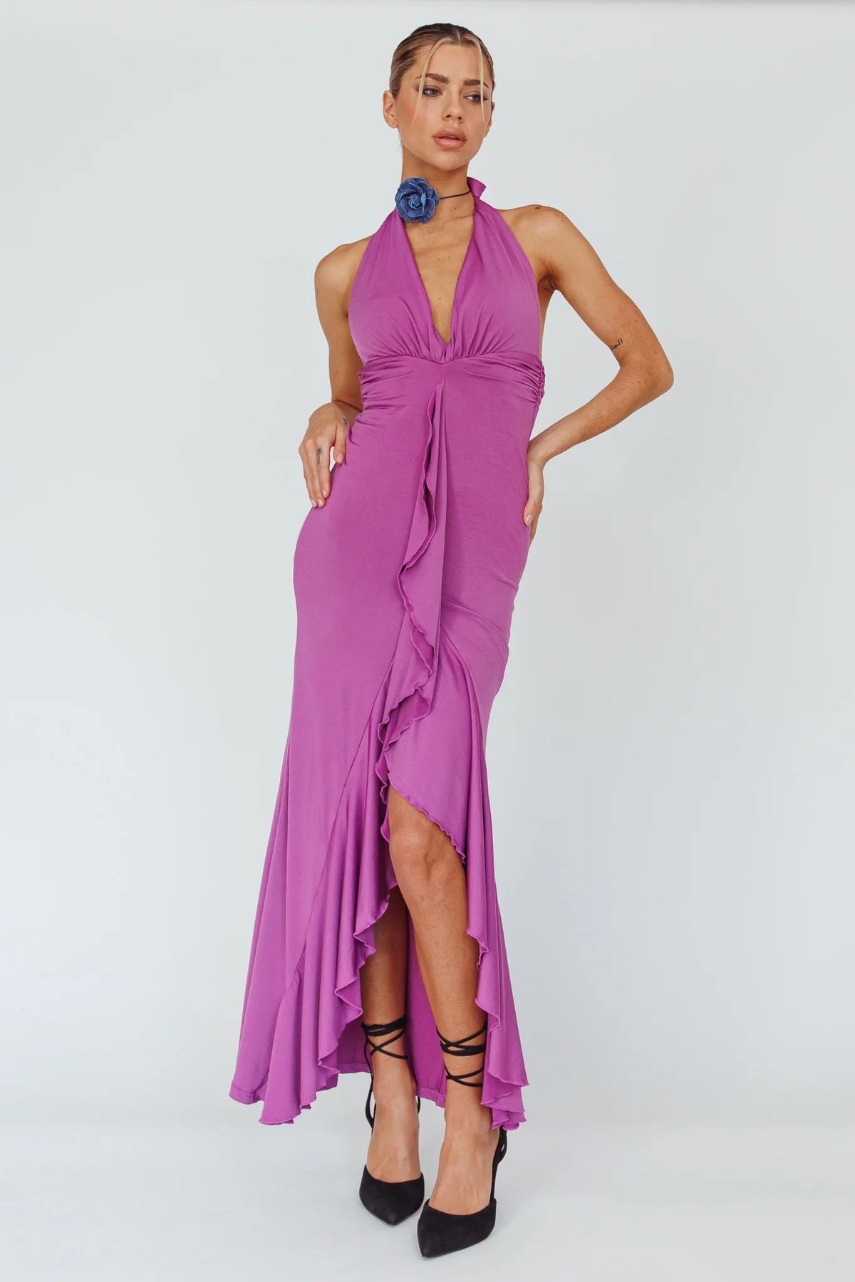Zaphirah Halterneck Ruffle Dress Magenta