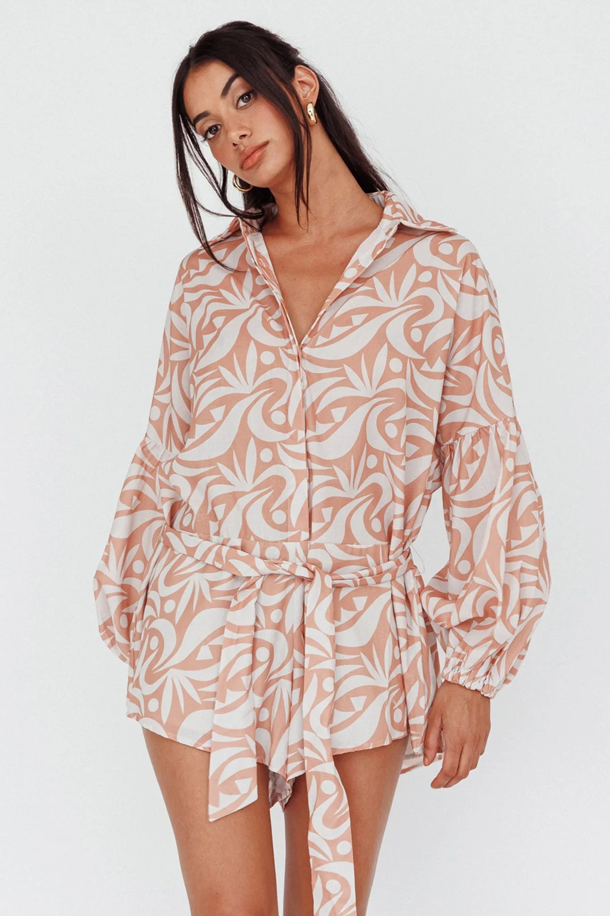 Daytona Beach Long Sleeve Shirt Romper Print Peach