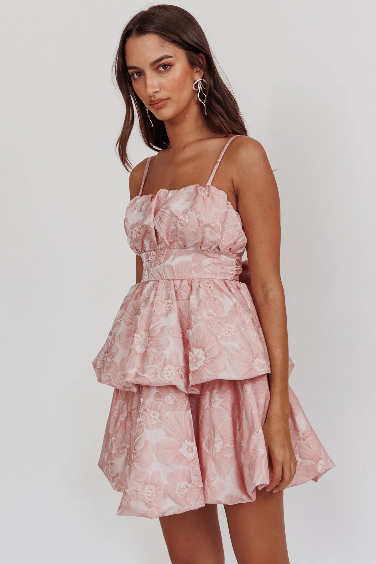 Zilara Bubble Hem Bow Dress Jacquard Pink