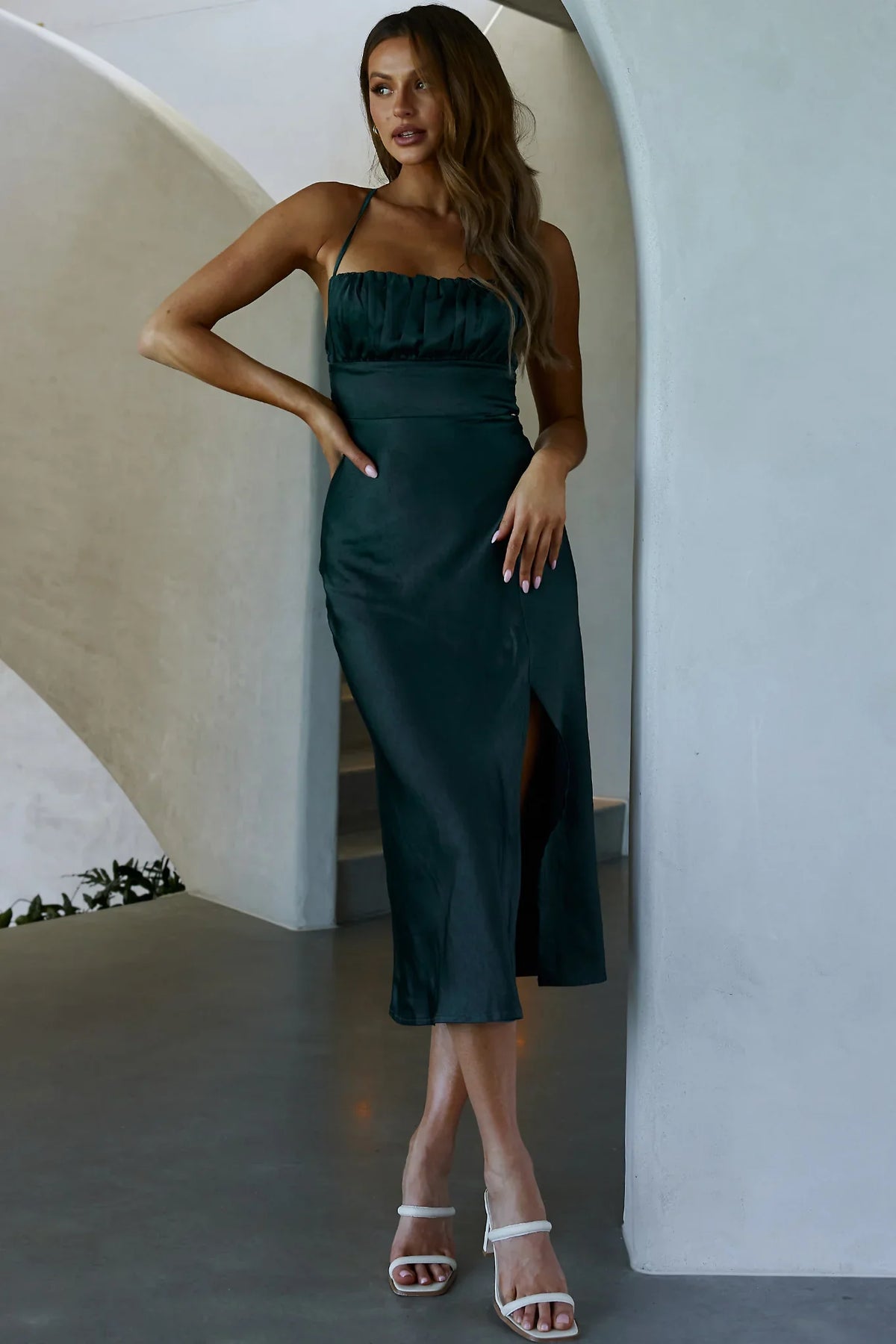 Lakoda Gathered Bust Bow Tie Back Midi Dress Forest Green