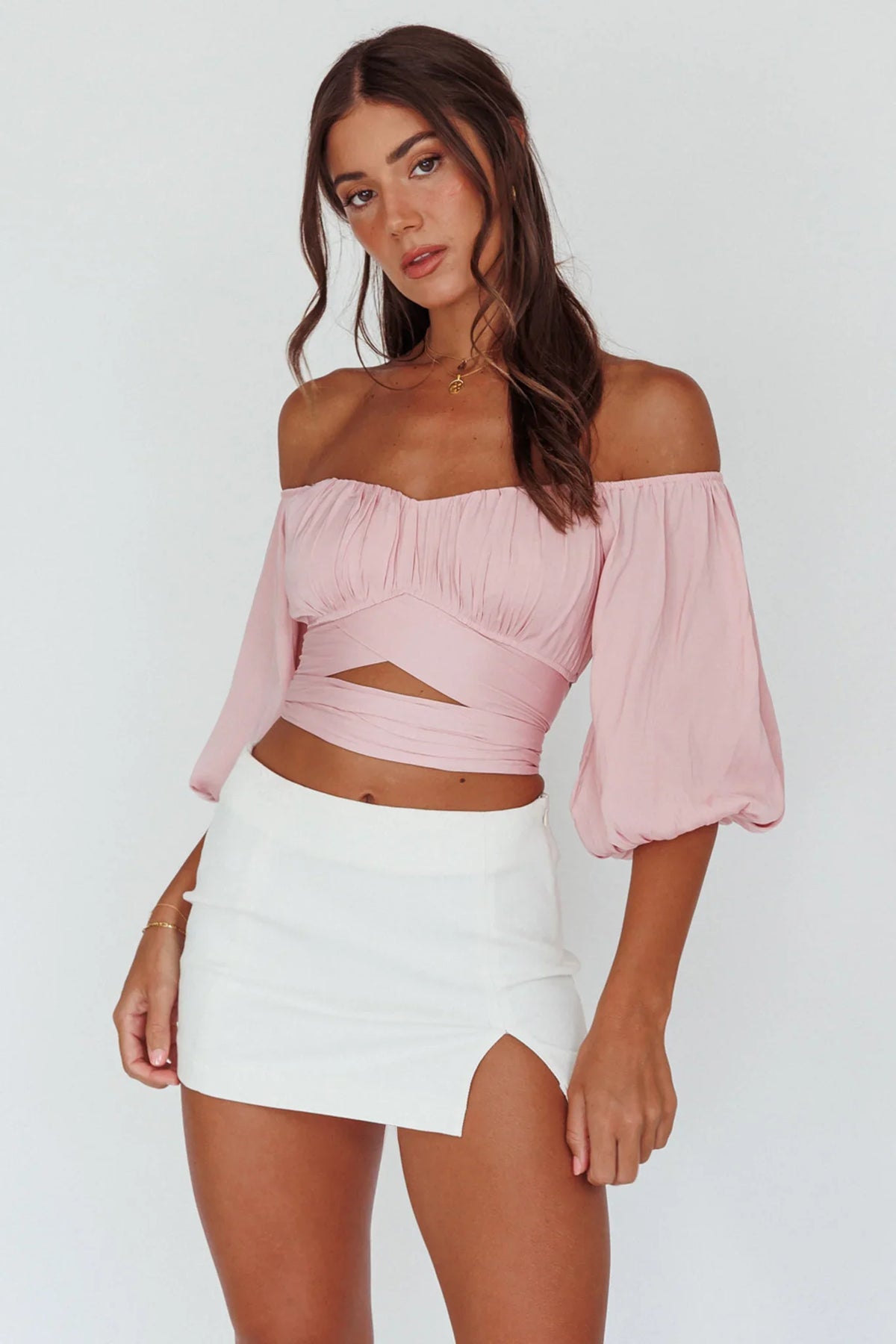 Linka Off-Shoulder Half Sleeve Tie-Back Crop Top Blush