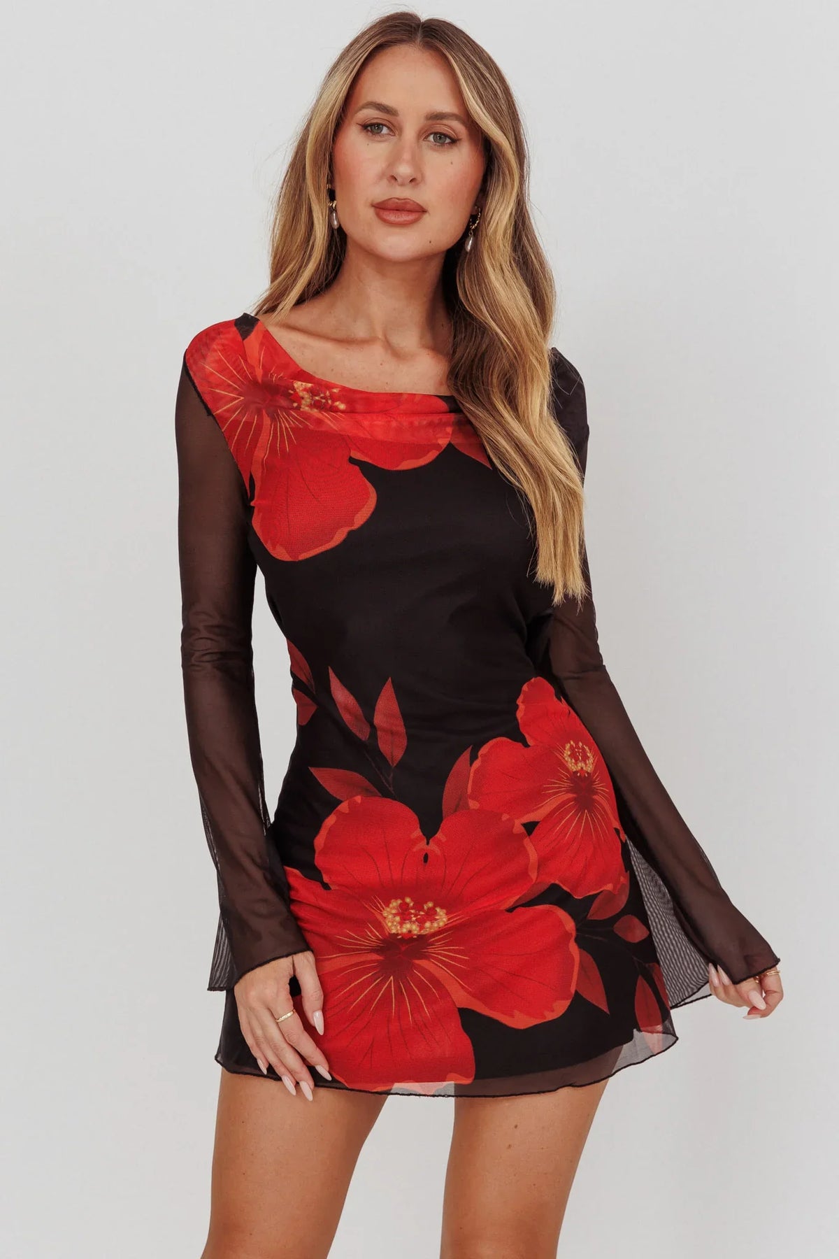 Isabella Long Sleeve Backless Mini Dress Hibiscus Black
