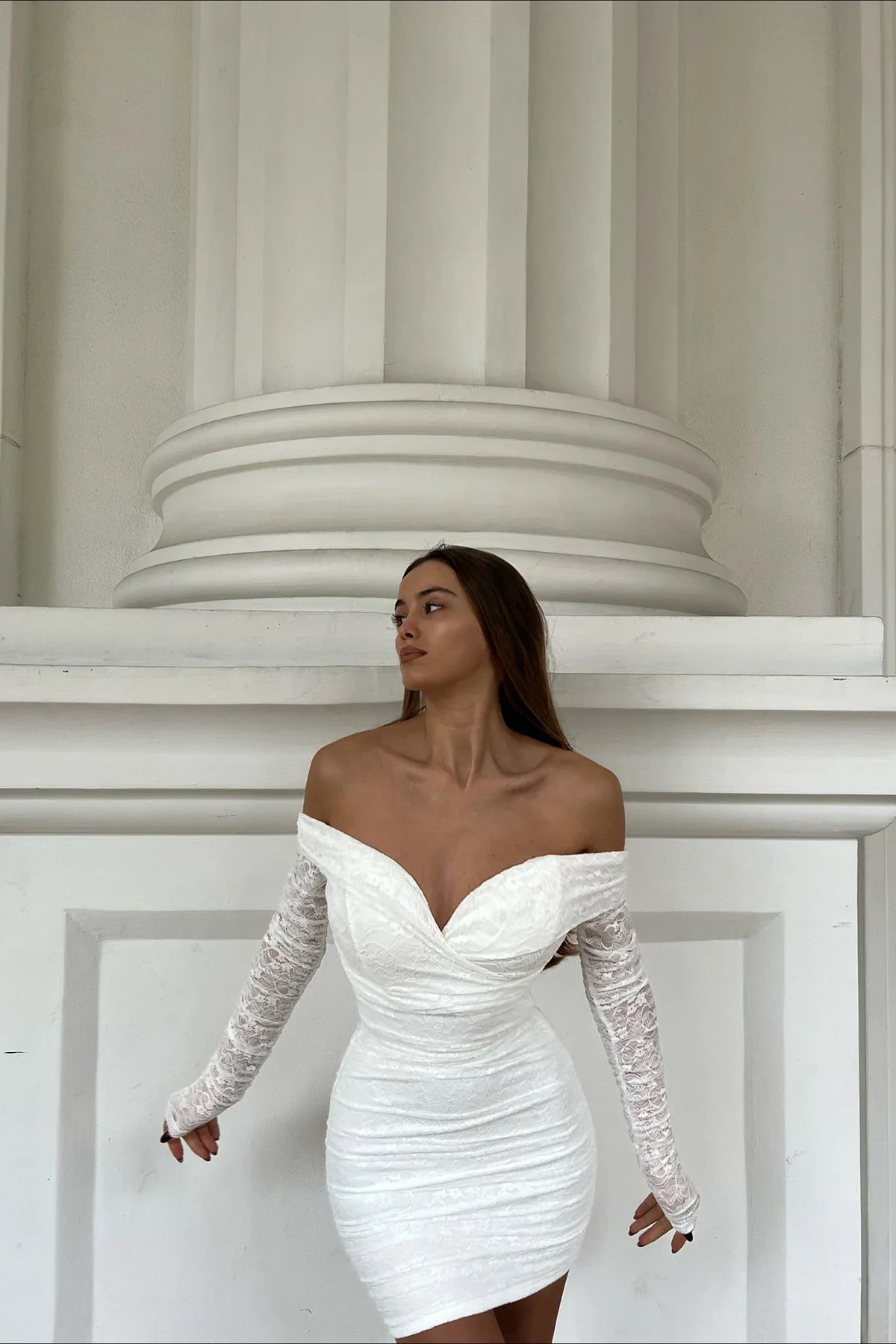 Moonrise Off-Shoulder Long Sleeve Dress Lace White