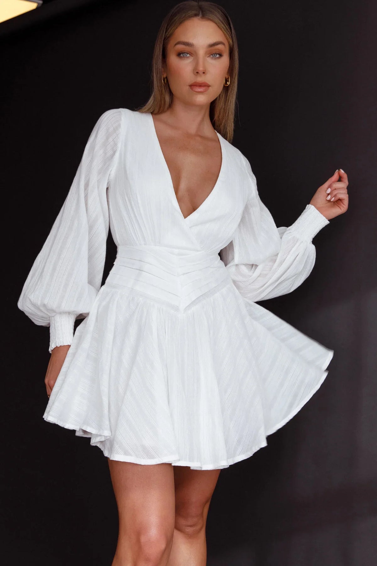Sweet Escape Lantern Sleeve Pintuck Dress White