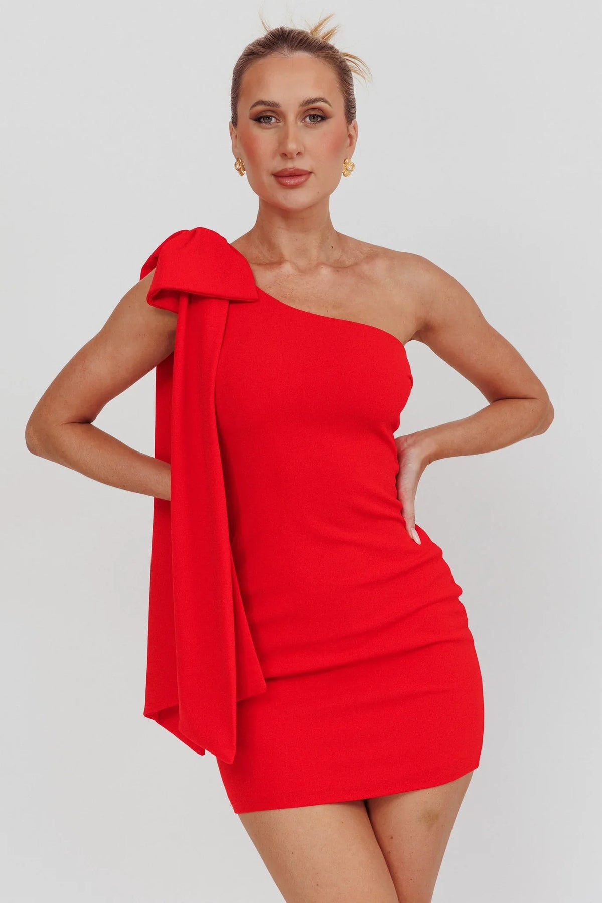 Earned It One Shoulder Bow Mini Dress Red