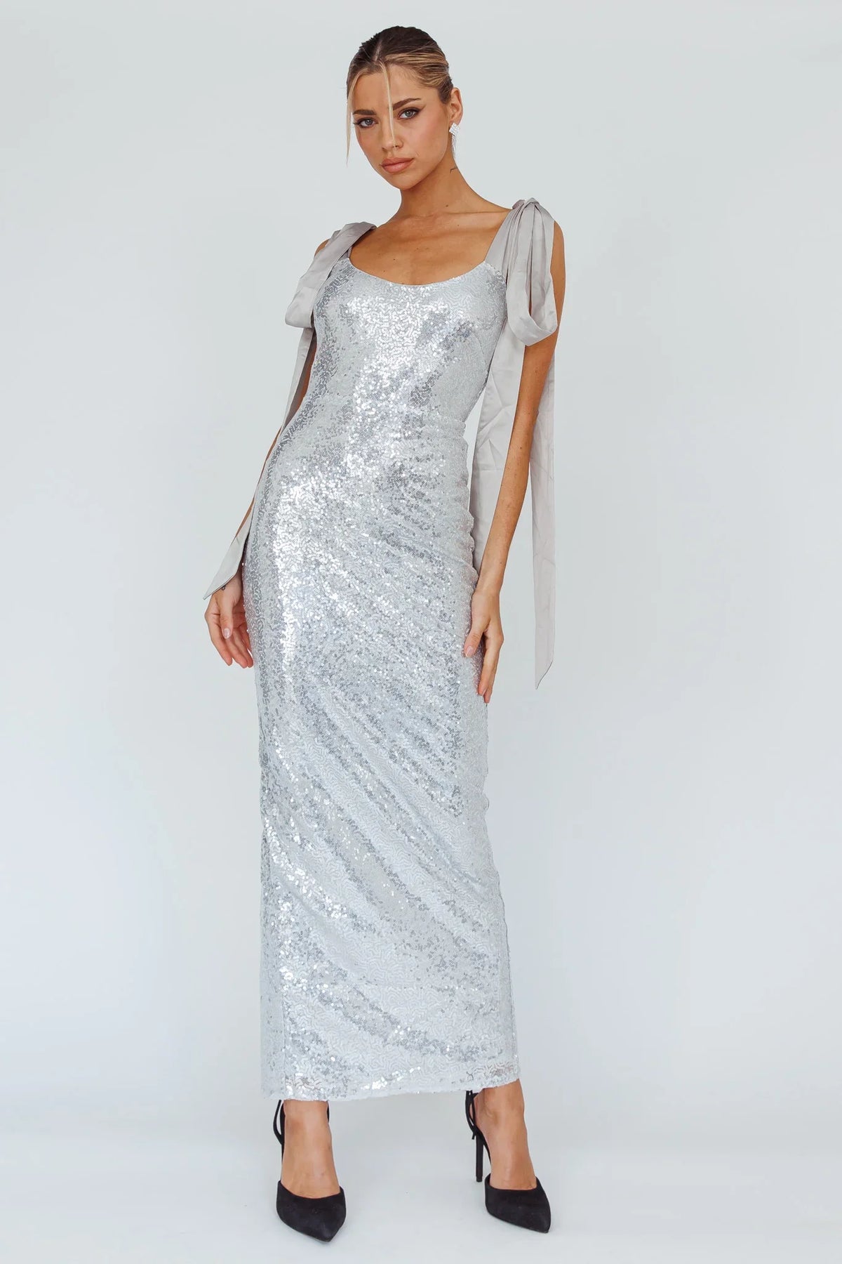 Birthday Wish Tied Shoulder Sequin Maxi Dress Silver