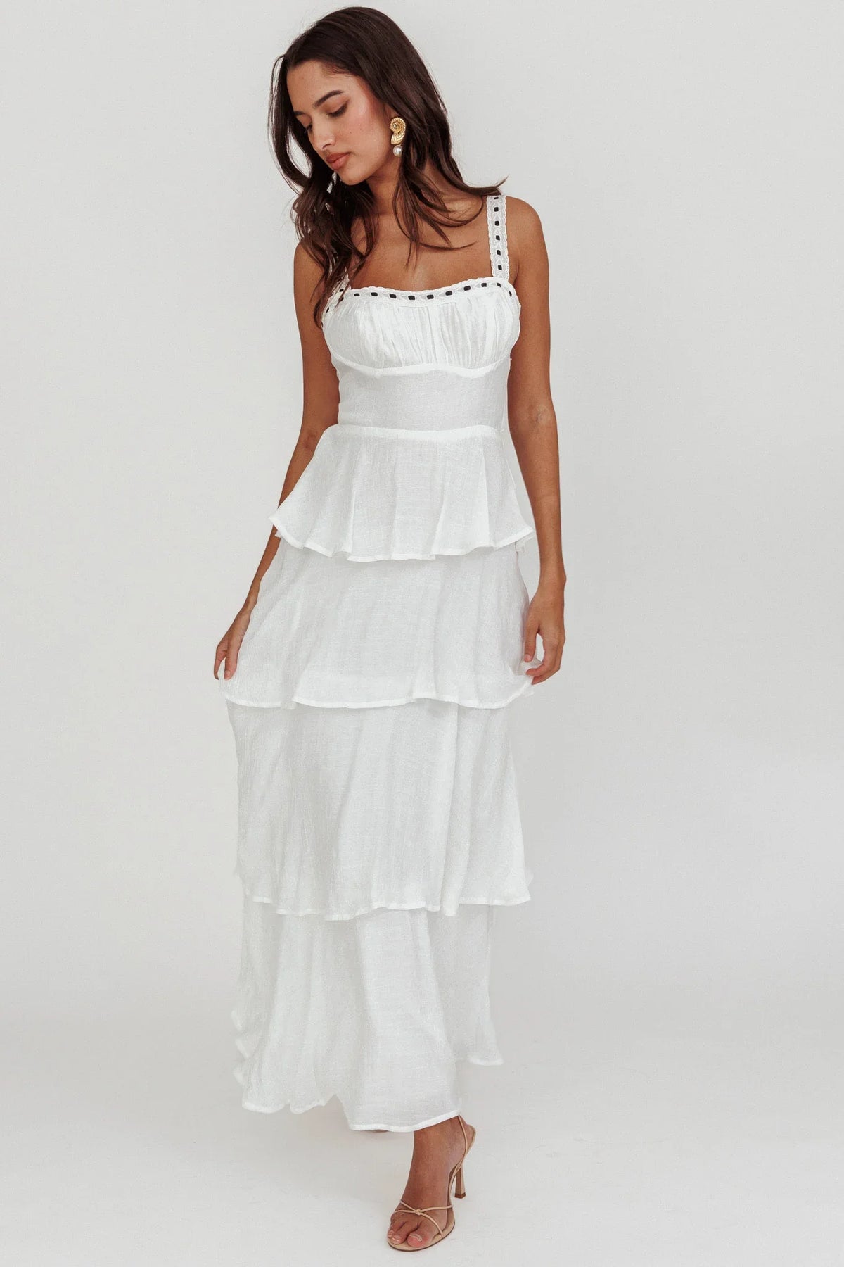 Provence Bloom Tiered Ruffle Maxi Dress White