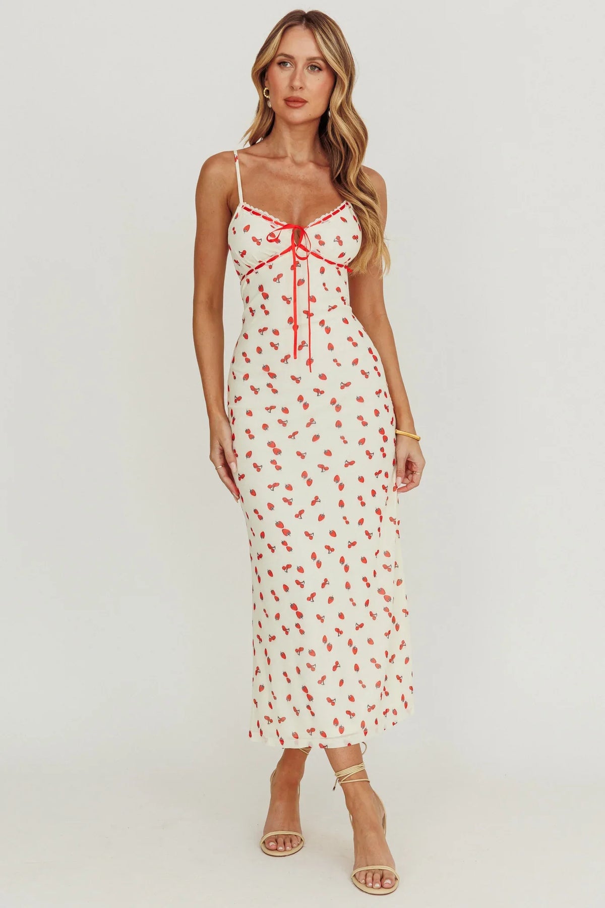 Heart Ablaze Strawberry Cherry Print Midi Dress Cream