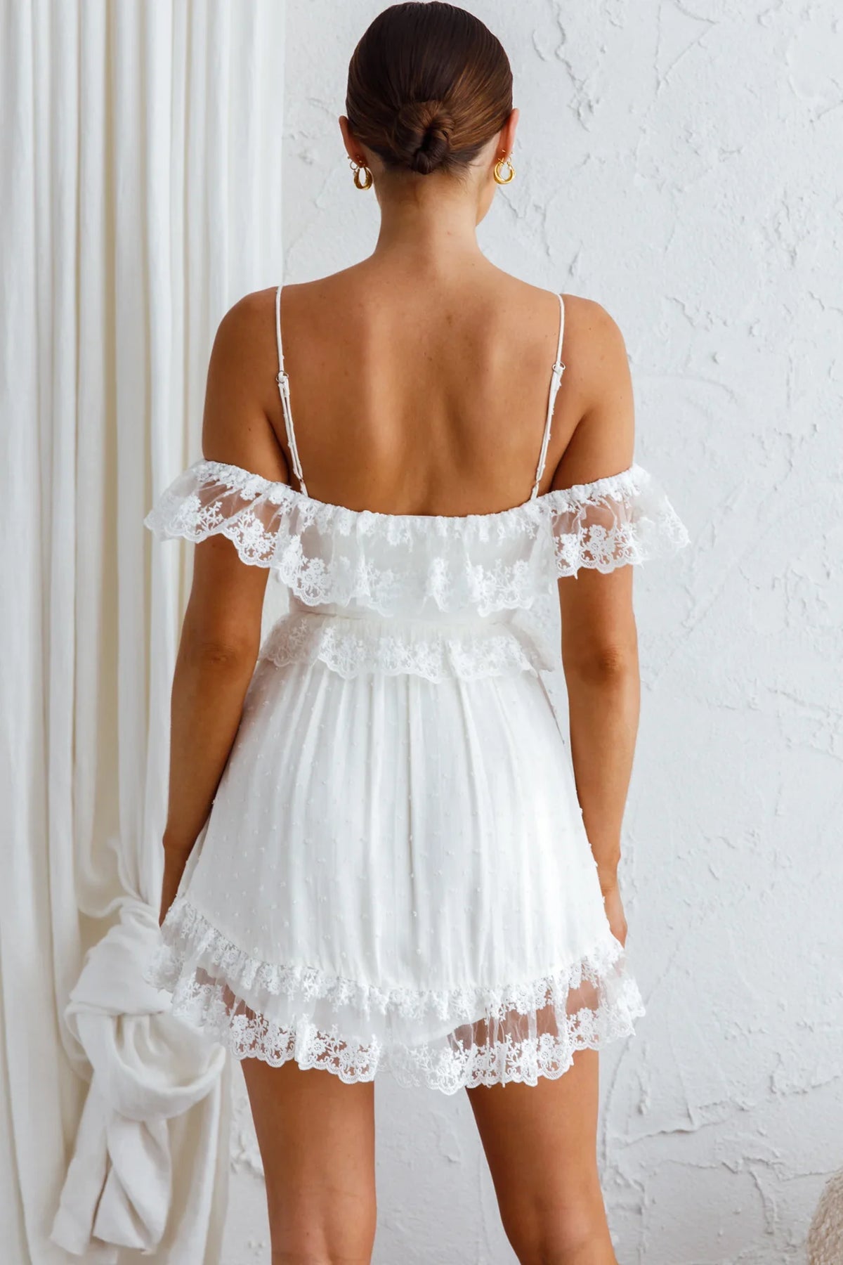 Good Morning Sunshine Off Shoulder Lace Frill Trim Mini Dress White